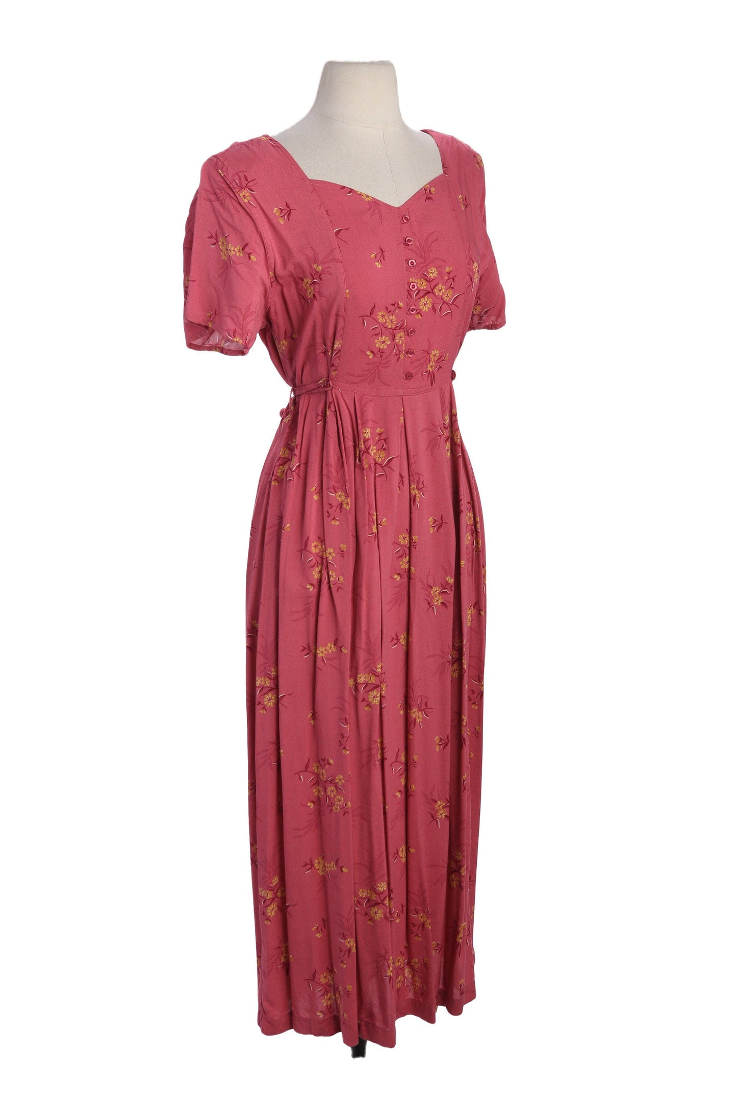 90s Women Red Floral Print Long Maxi Summer Rayon Dress with Waist Belt for Multi-size Adjustment by Erika Studio