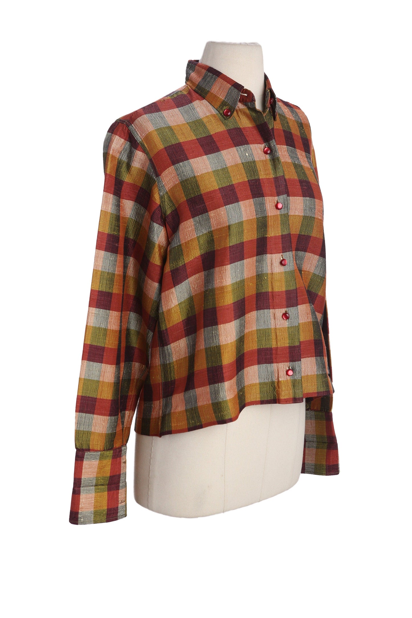 Vintage Women's Plaid Long Sleeve Button Up High Waist Top - Hand Loomed in New Delhi India