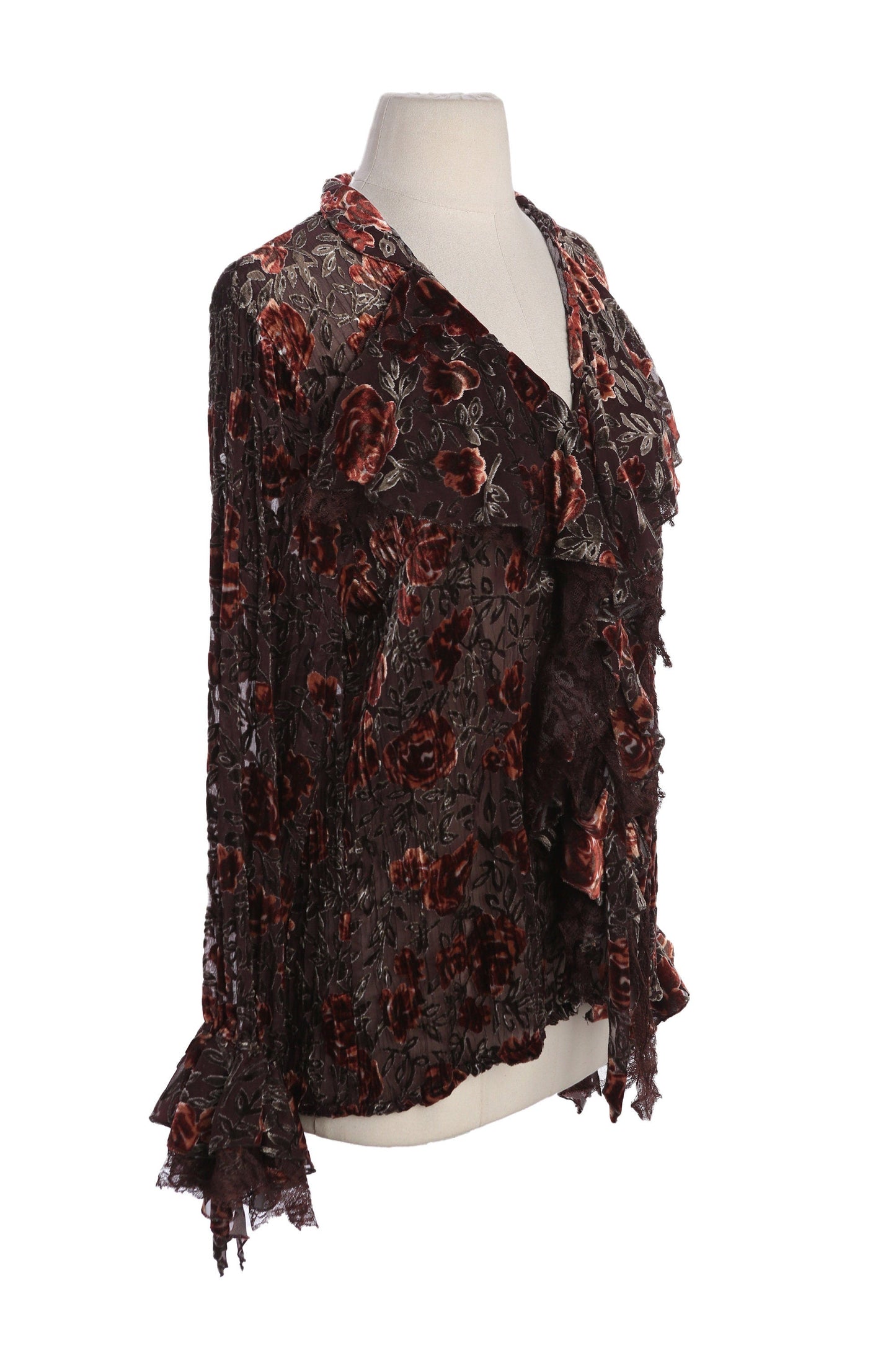 Y2K Women Brown Sheer Floral Long Sleeve Top