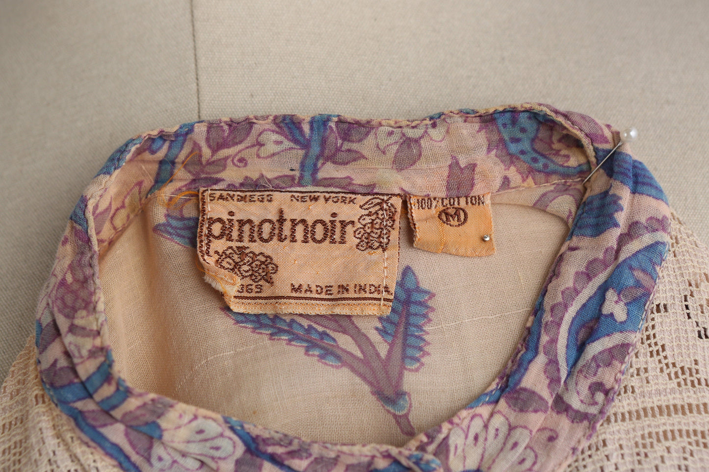 Vintage Women's Boho Blouse / Floral Block Print Fabric / Made in India by Pinotnoir