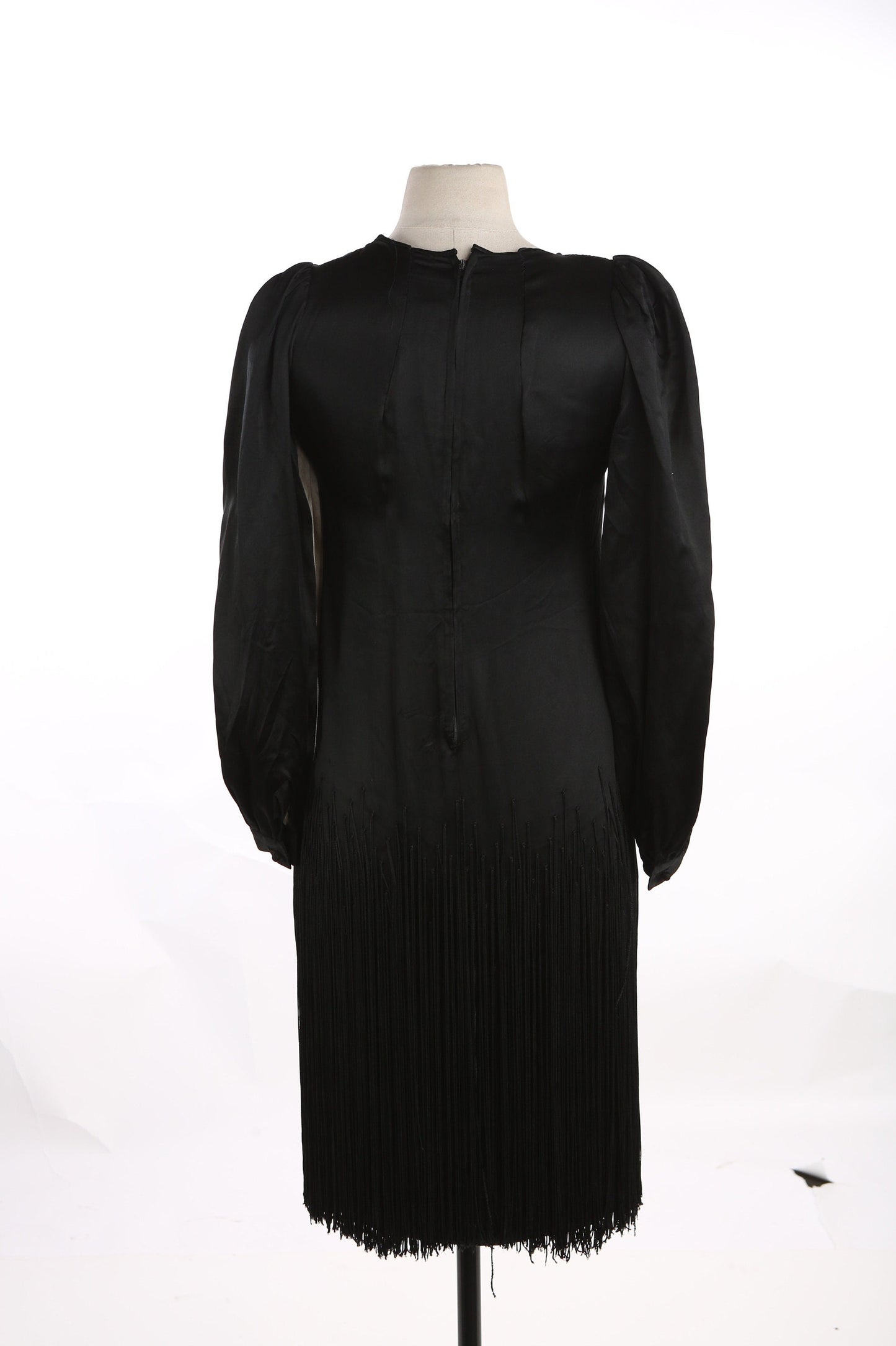 Vintage Women's Black Fringe Polyester Dress with Bottom Fringes by I. MAGNIN