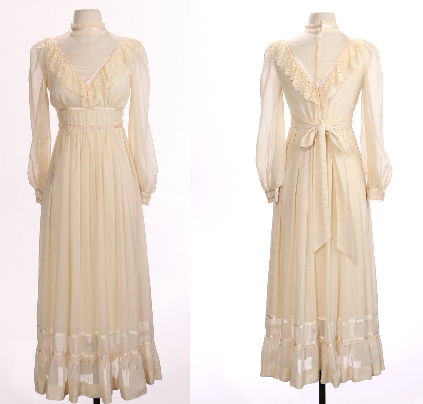 Vintage 70s Dress / Wedding Style / Beige / Long Sleeve / Western / Waist Belt / Prairie / Gunne Sax Style