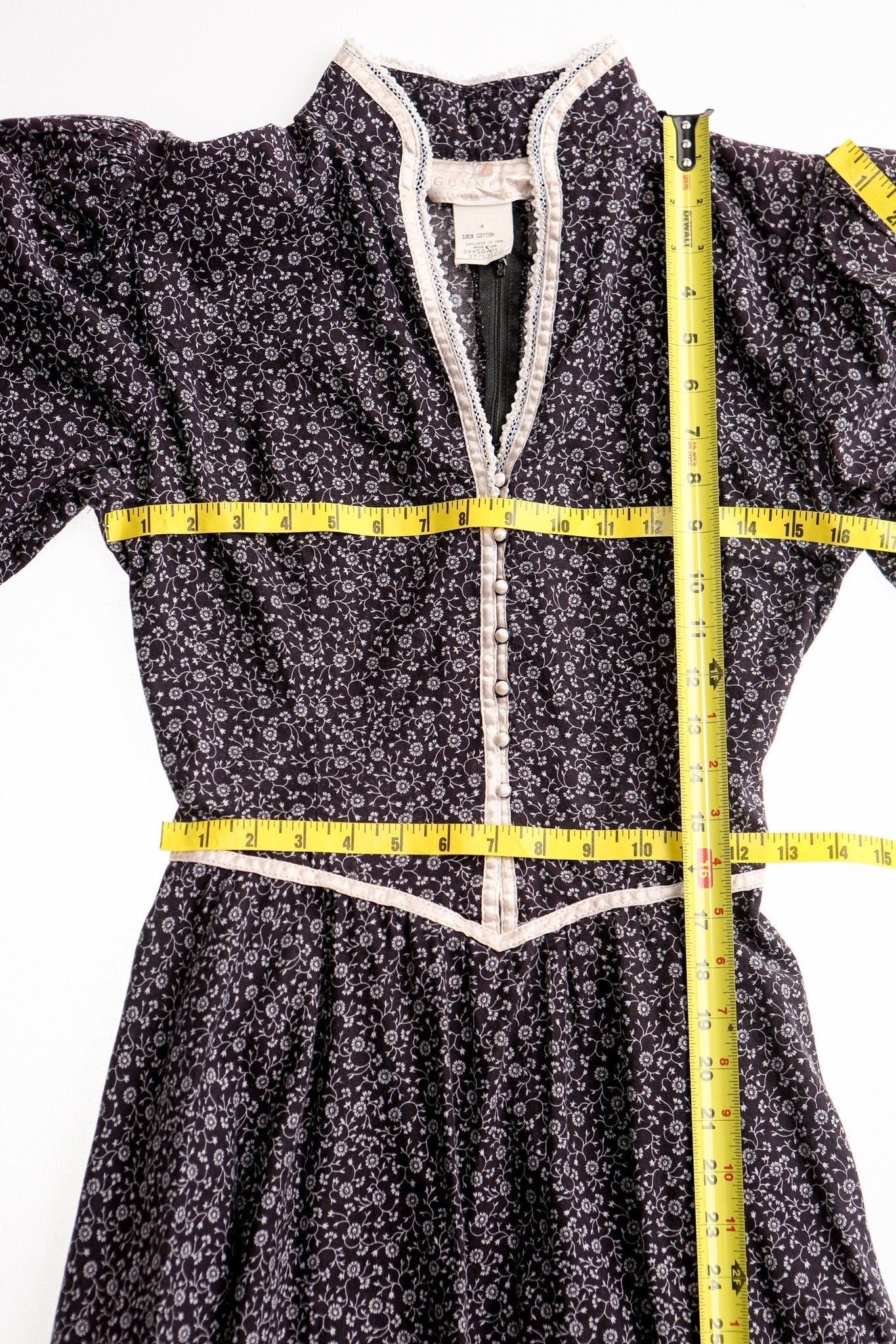 Vintage Gunne Sax Dress / Black / Floral Print / Deep V Neck / Long Sleeve