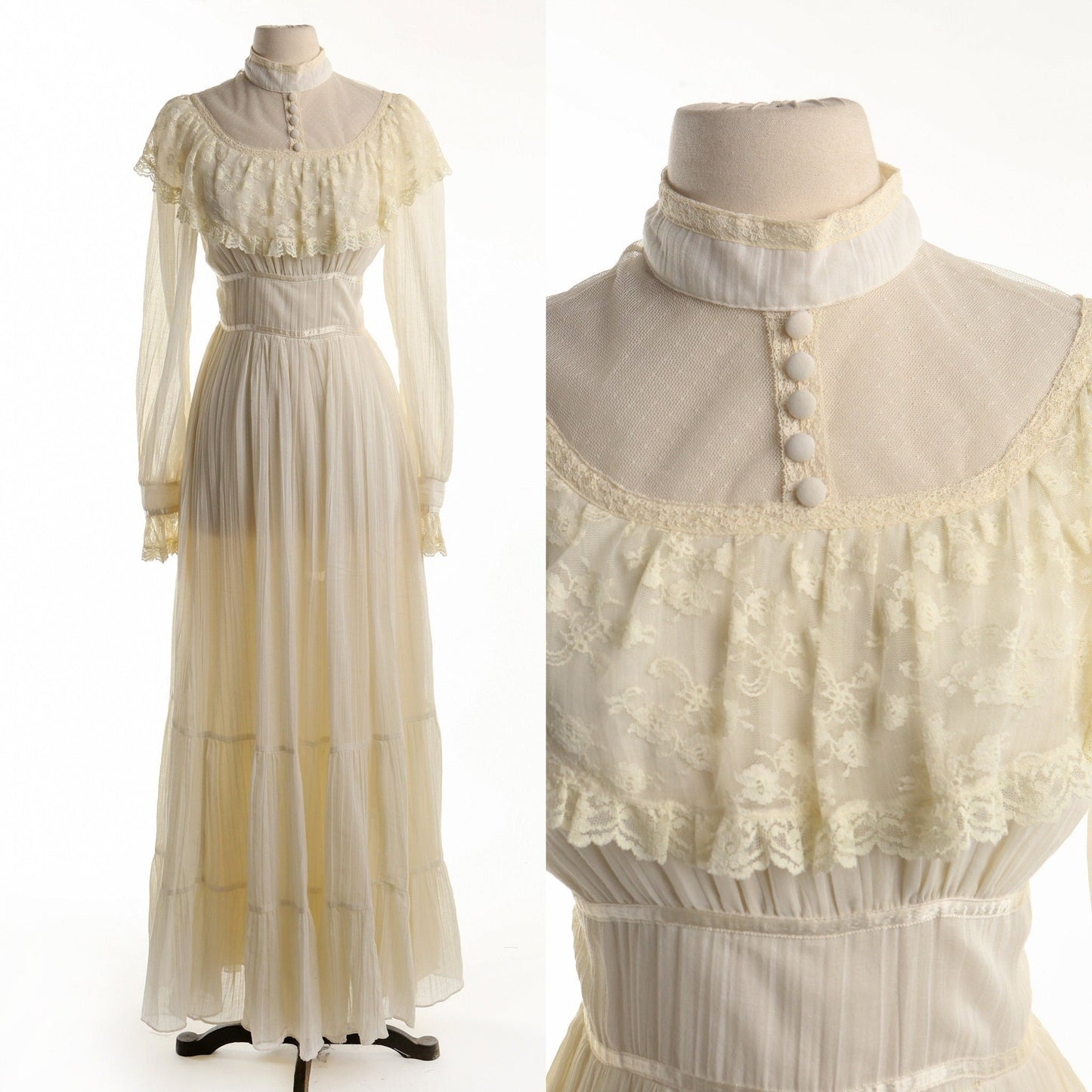 Vintage Prairie Dress / Gunne Sax Style / Lace / Beige / Long Sleeve / Waist Belt / 1970s