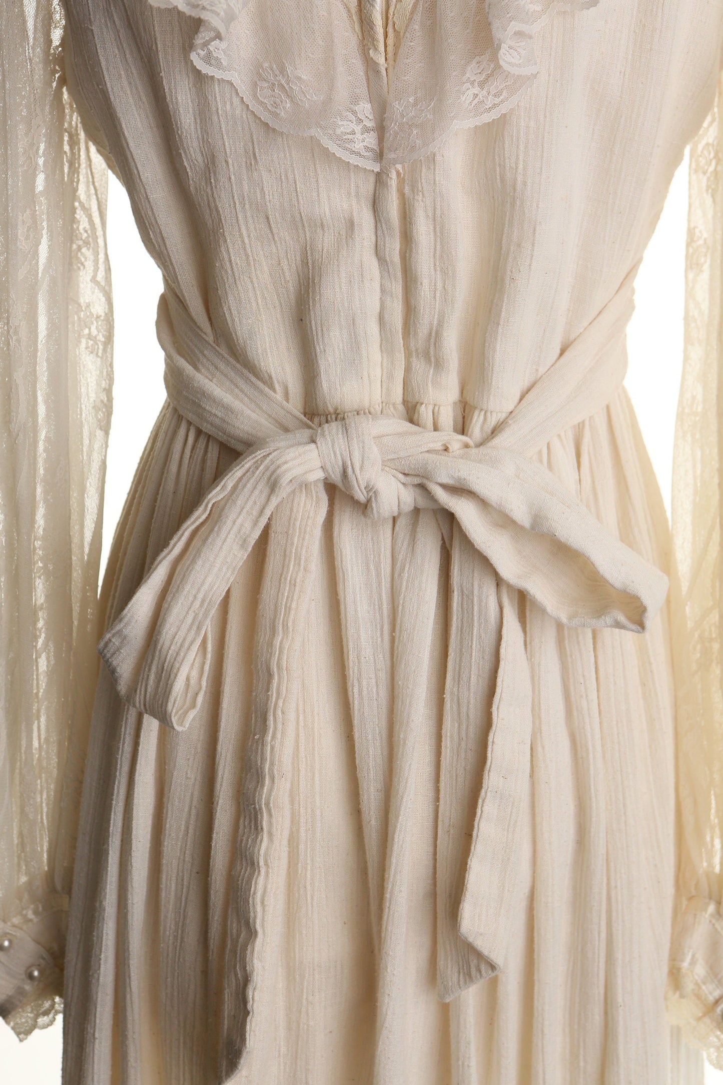 Vintage Victorian Style Dress / 1970s / White / Cotton / Waist Belt