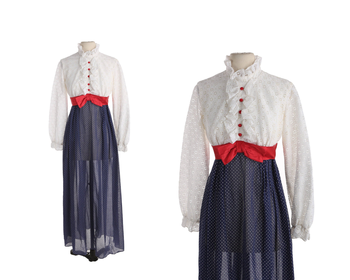 1970s Dress / Long Sleeve / Ruffled Collar / White and Blue