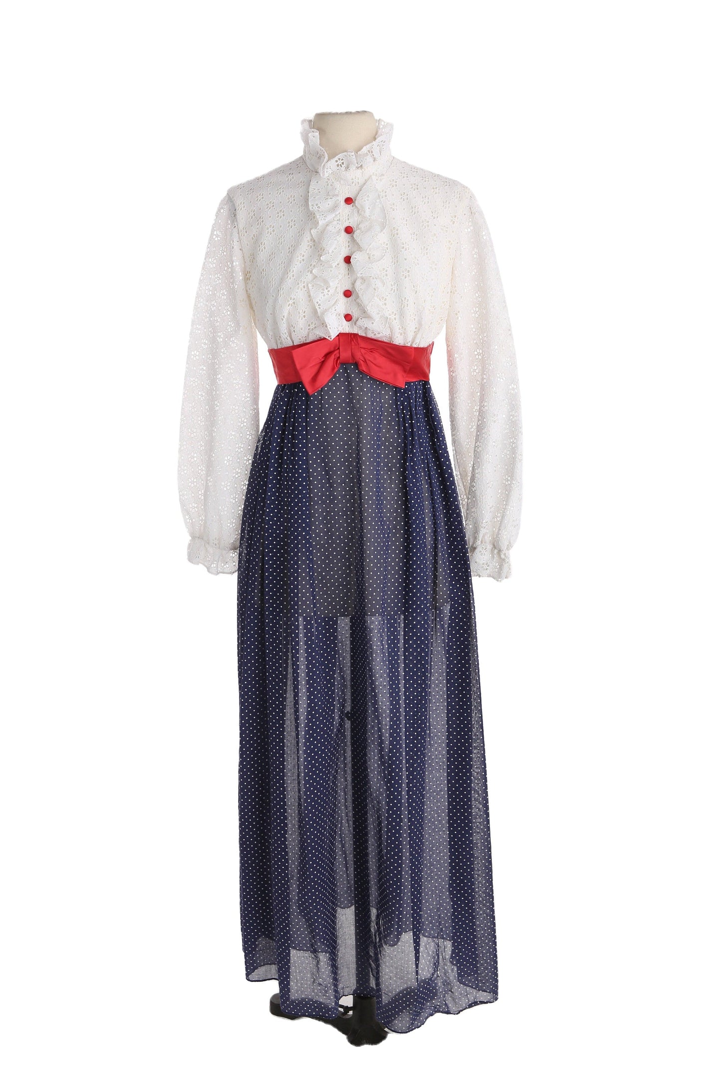 1970s Dress / Long Sleeve / Ruffled Collar / White and Blue