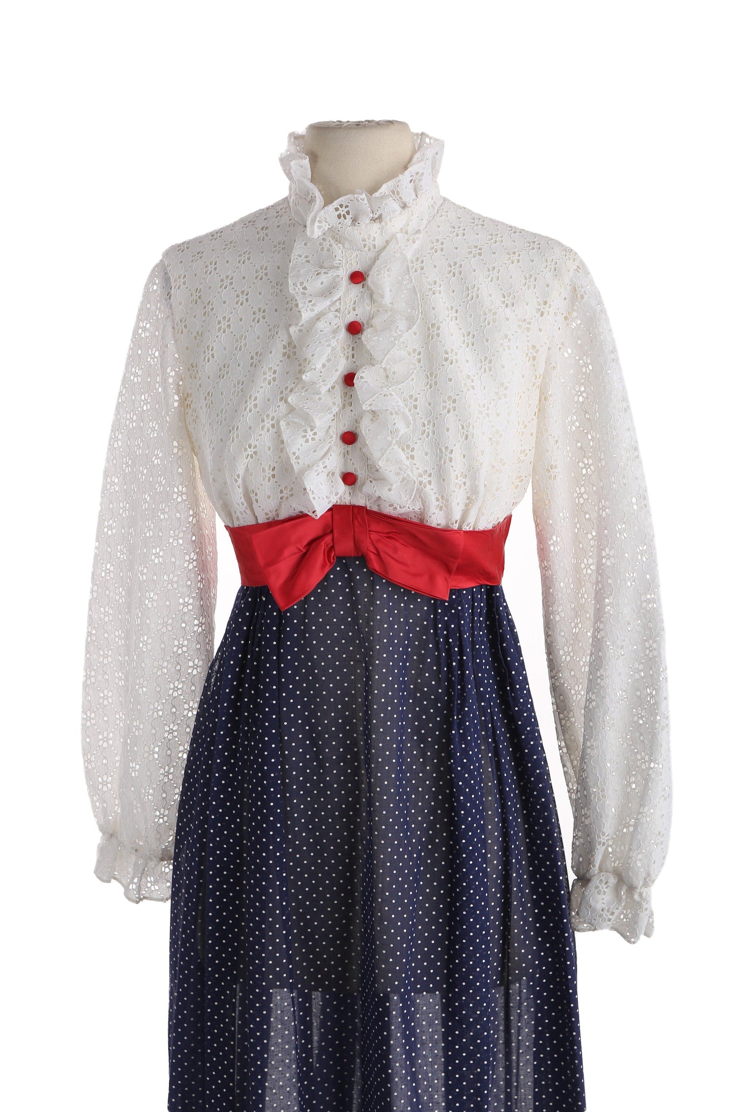 1970s Dress / Long Sleeve / Ruffled Collar / White and Blue