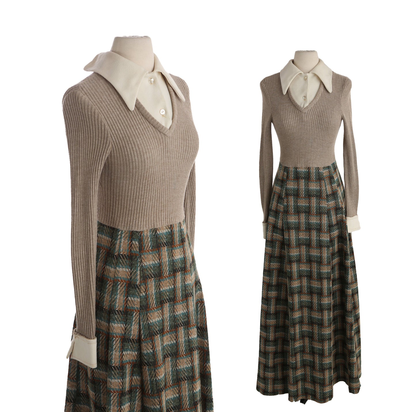 1970s Dress / Long Sleeve / Plaid Skirt / Collared