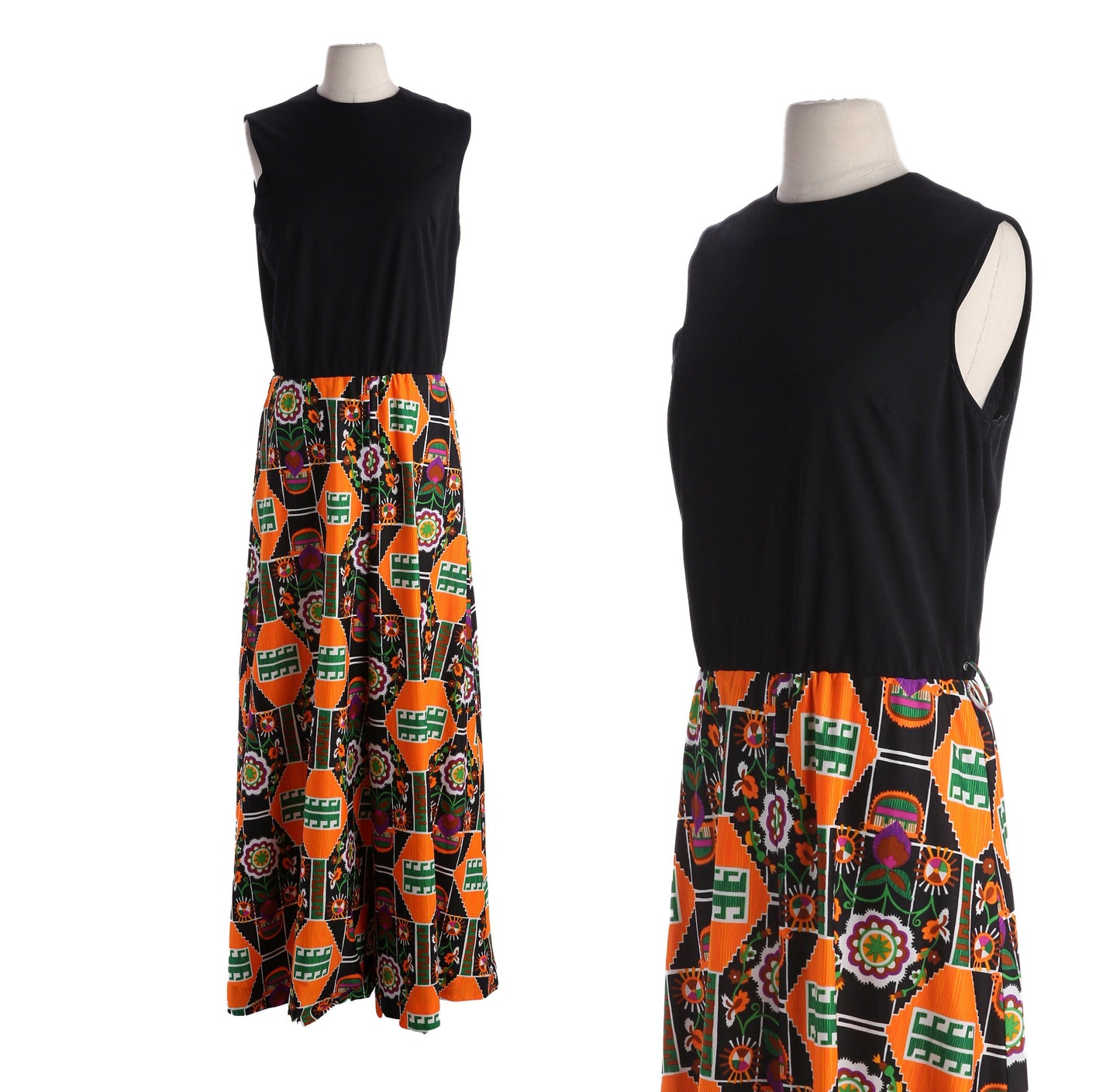 1970s Jumpsuit / Black Top / Bell Bottom / Geometrical Print Pants