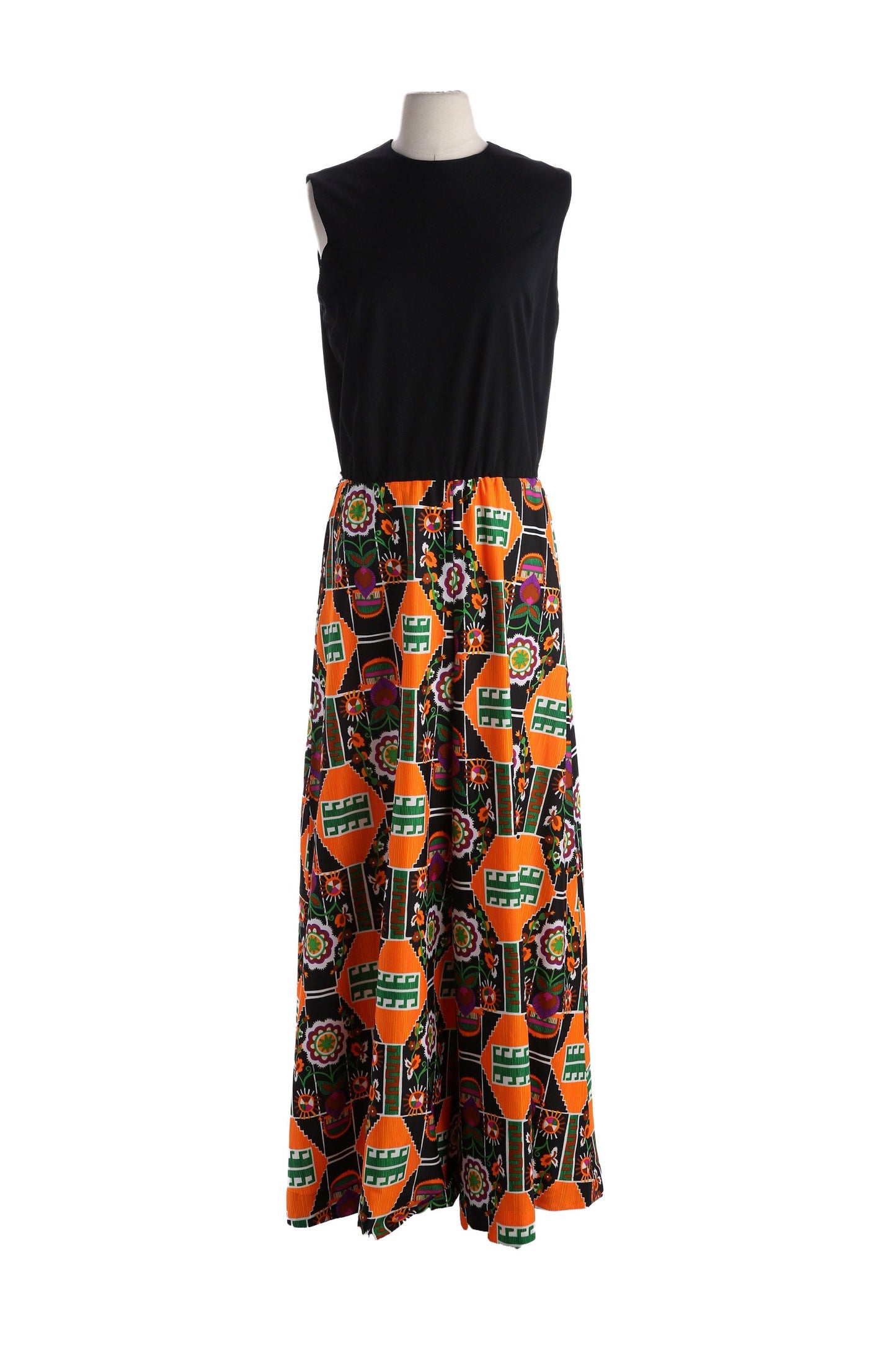 1970s Jumpsuit / Black Top / Bell Bottom / Geometrical Print Pants