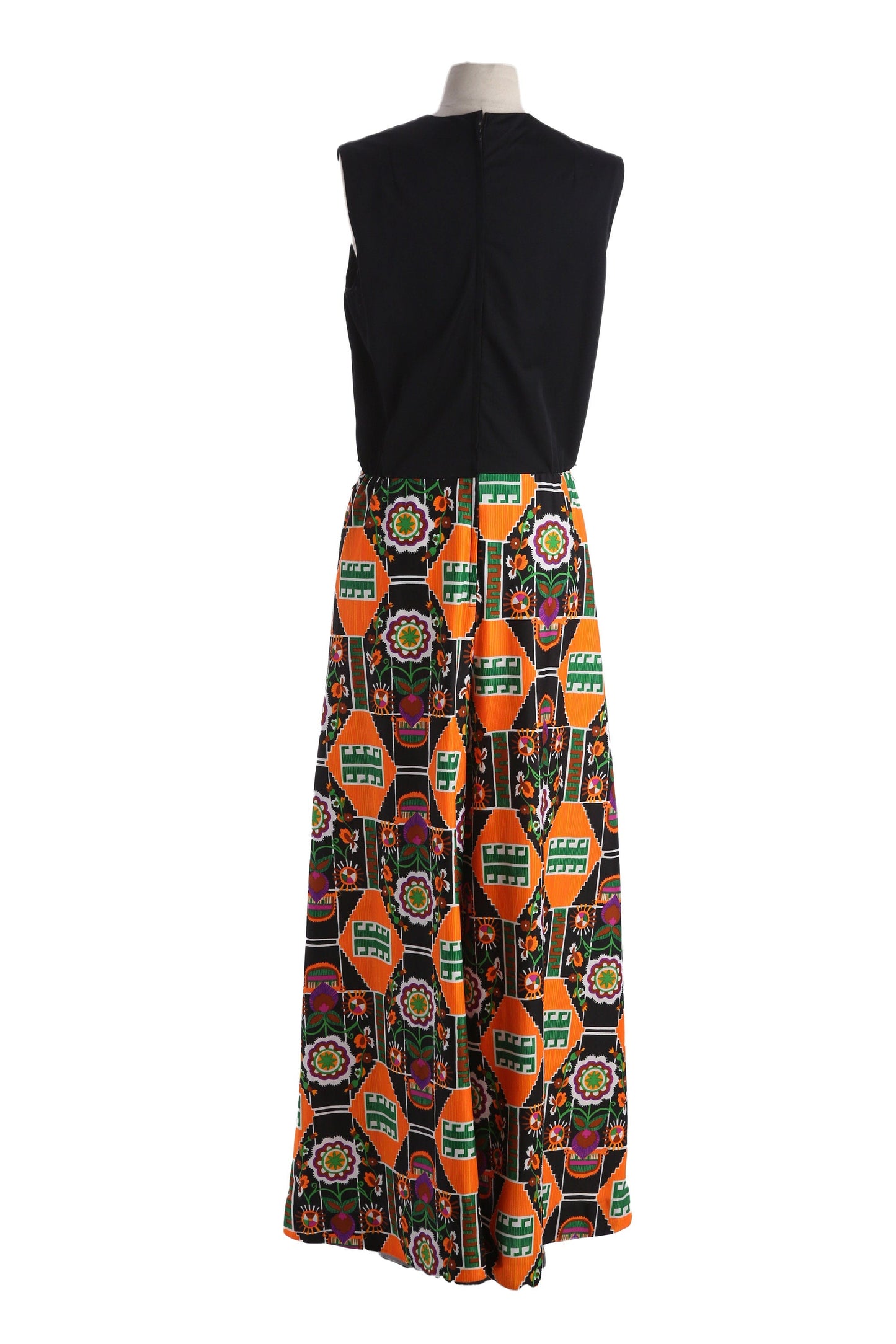 1970s Jumpsuit / Black Top / Bell Bottom / Geometrical Print Pants