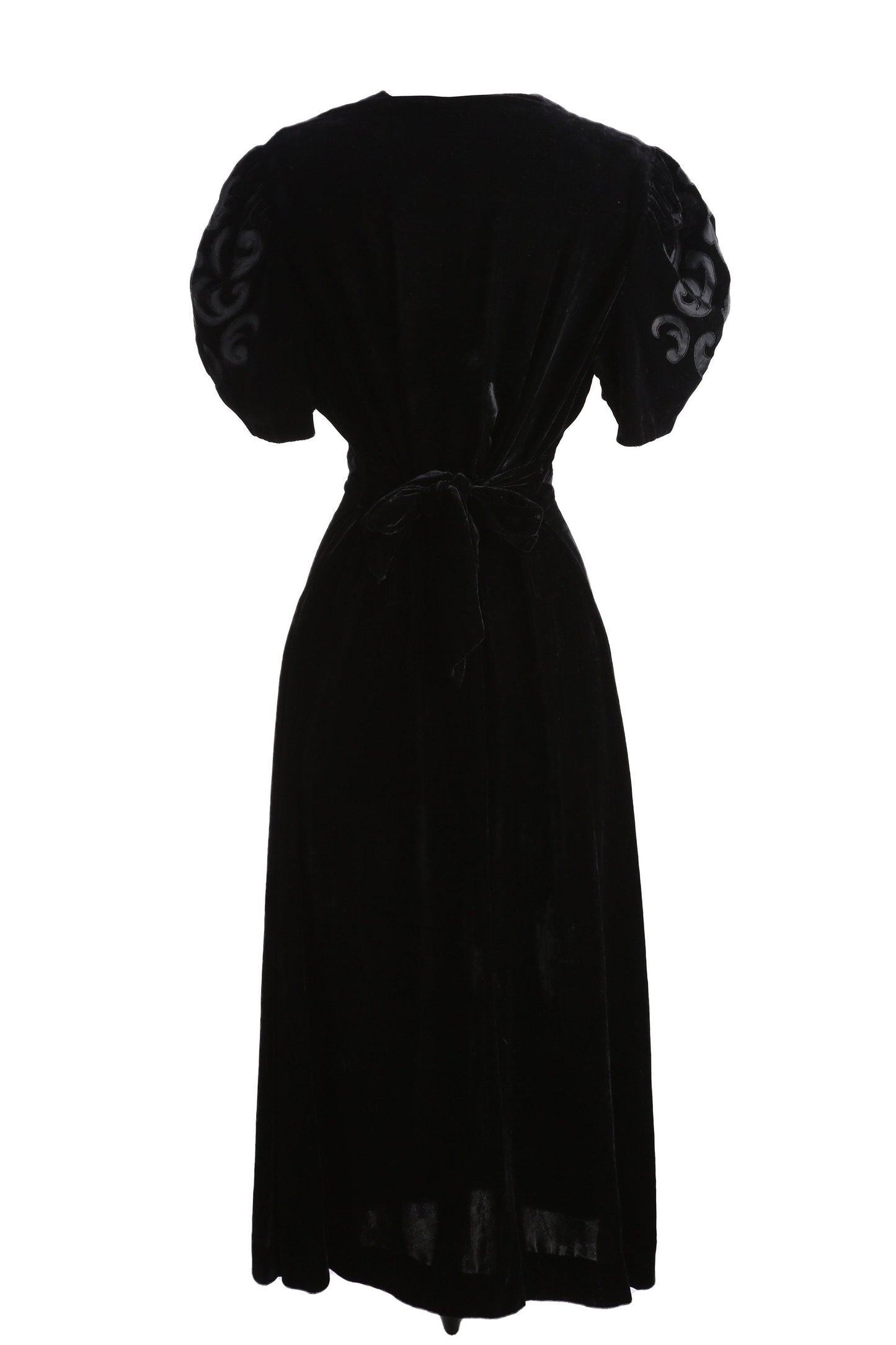 Vintage Women's Black Velvet Long Elegant Evening Dress Short Sleeves - Era 1930's - 1940's