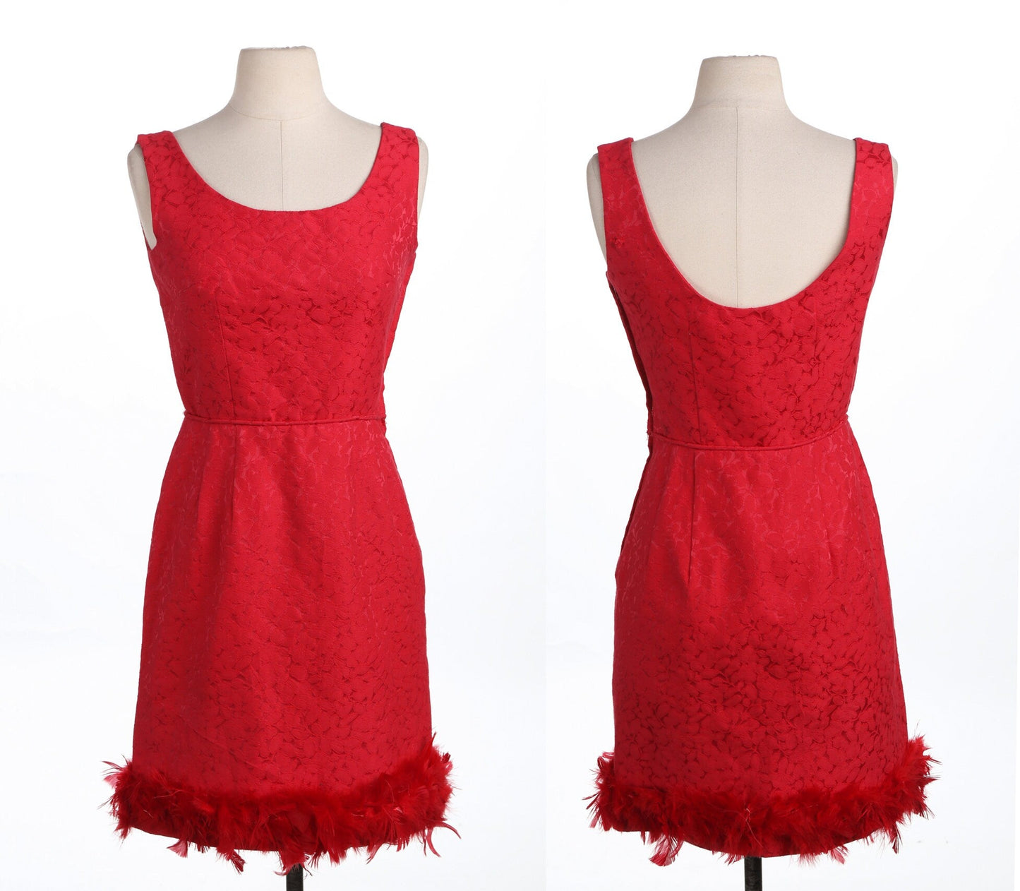 1950s Red Evening Dress / Sleeveless / Feathered Design