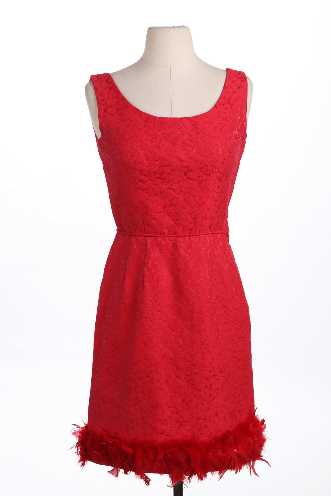 1950s Red Evening Dress / Sleeveless / Feathered Design