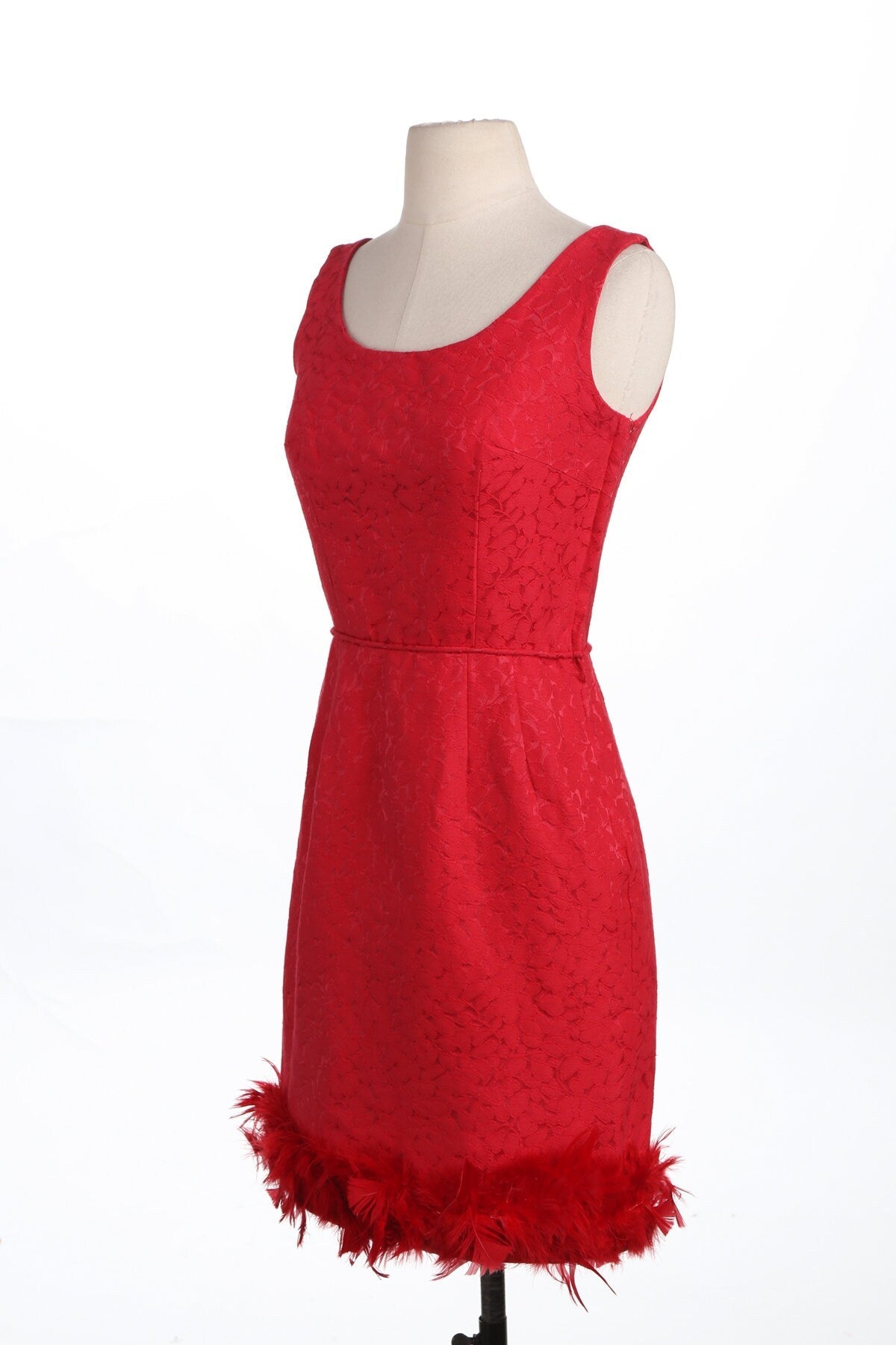 1950s Red Evening Dress / Sleeveless / Feathered Design