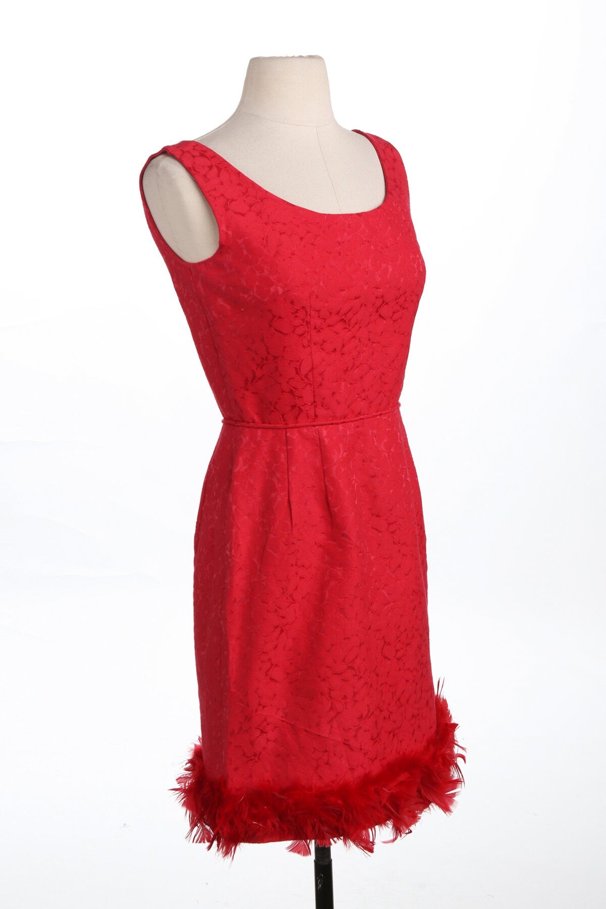 1950s Red Evening Dress / Sleeveless / Feathered Design