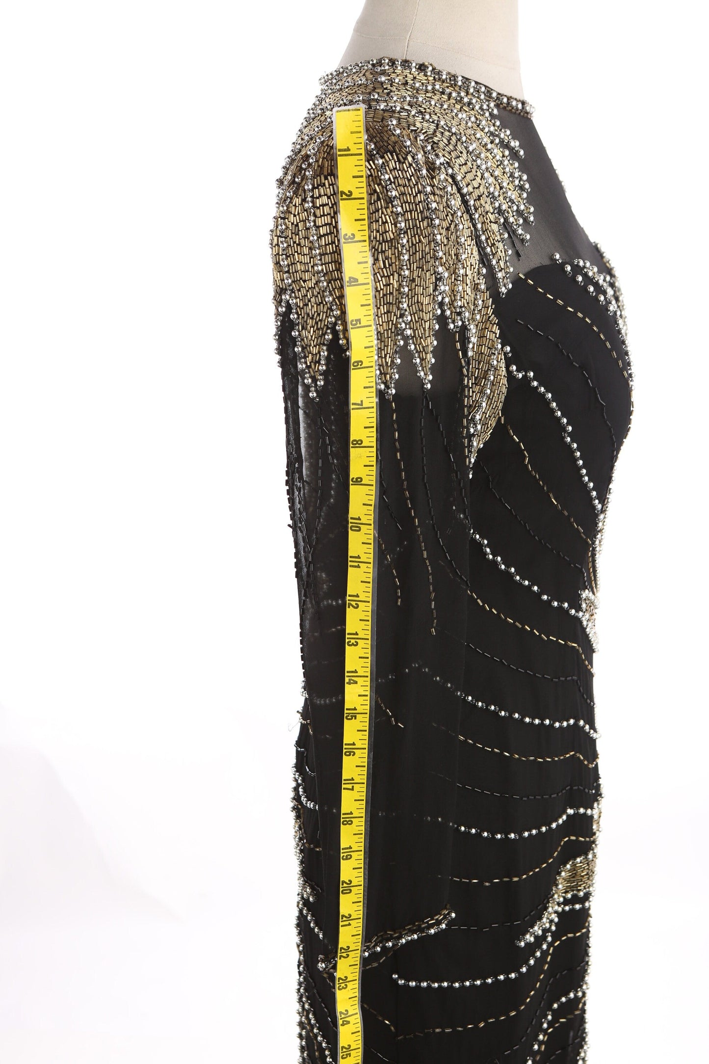 Vintage Women's Black Sequin Dress with Golden and Faux Pearl Bead Designs by Sho Max Originals/ Estimated Era 80s - 90s