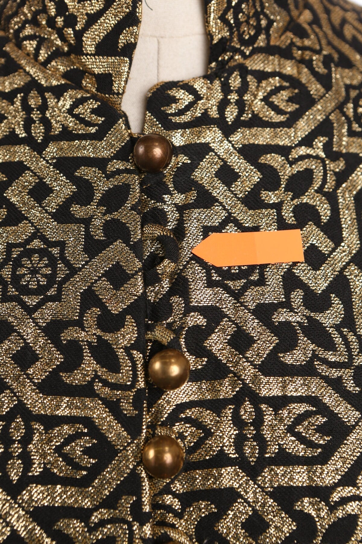 Women Black Dress with Golden Fabric Geometrical Print - Mr. Mort by Stan Herman - Era 70s - 80s