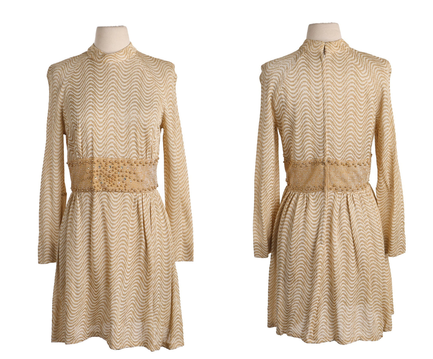 1970s Evening Dress / Golden Polyester Fabric / Long Sleeve / Disco / Studio 54