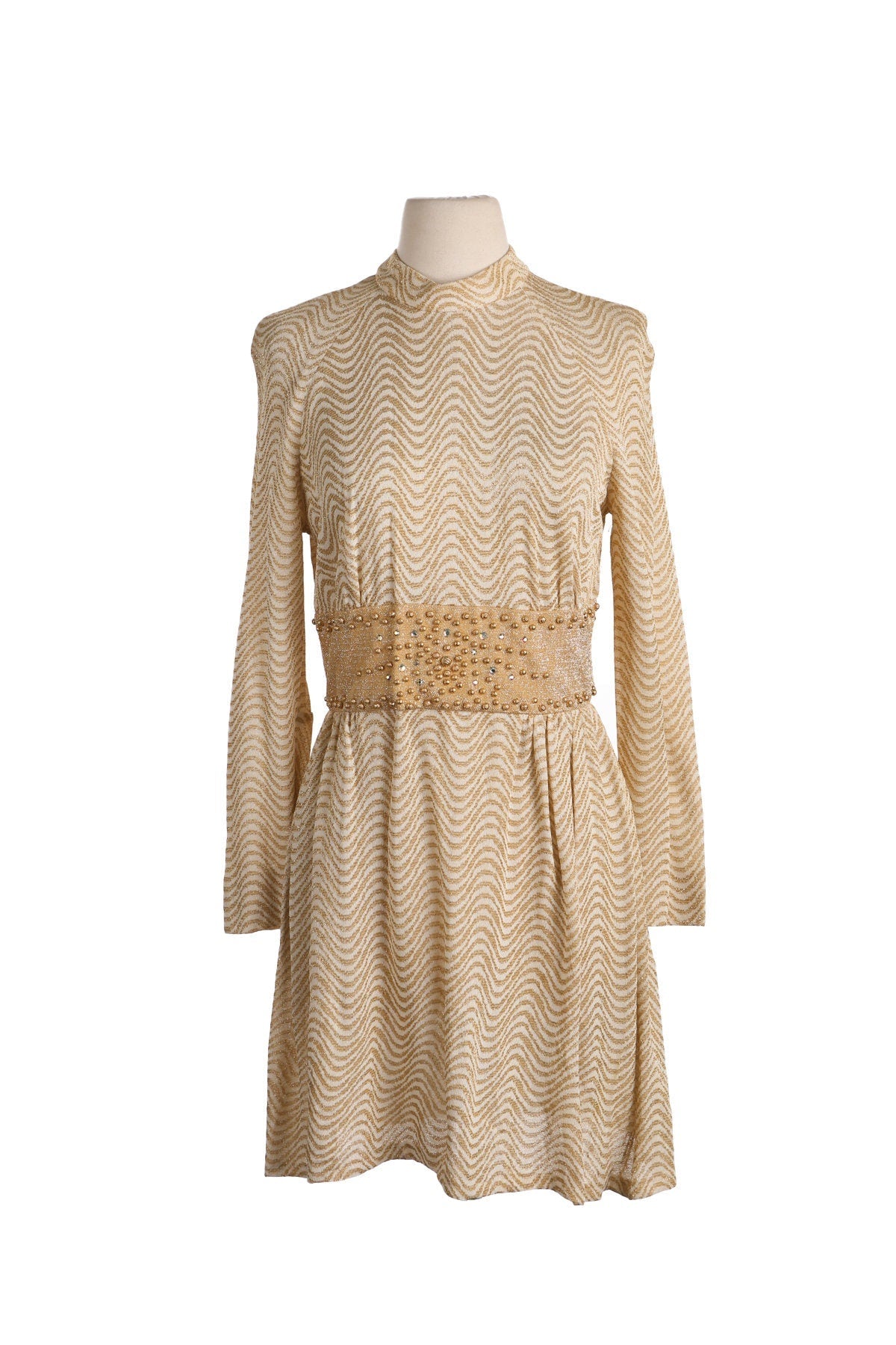 1970s Evening Dress / Golden Polyester Fabric / Long Sleeve / Disco / Studio 54