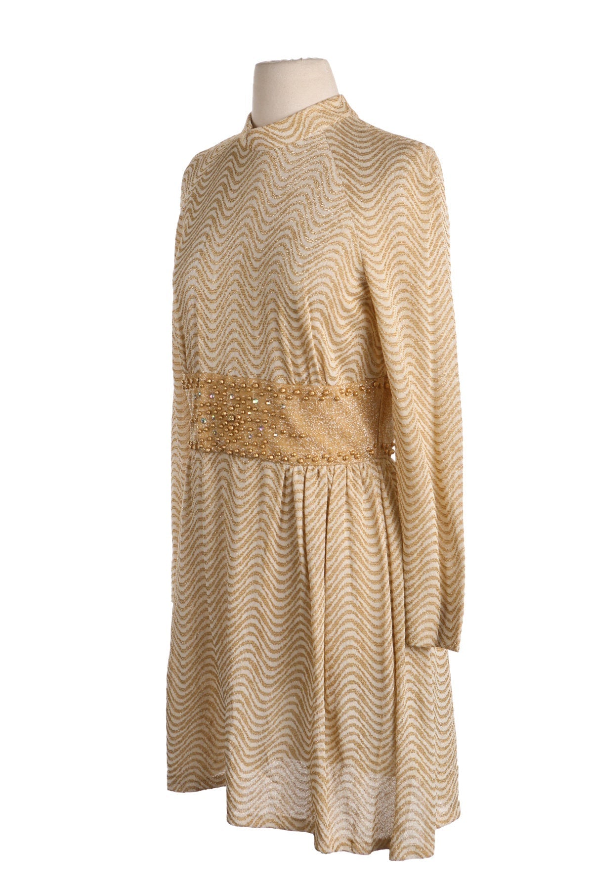 1970s Evening Dress / Golden Polyester Fabric / Long Sleeve / Disco / Studio 54