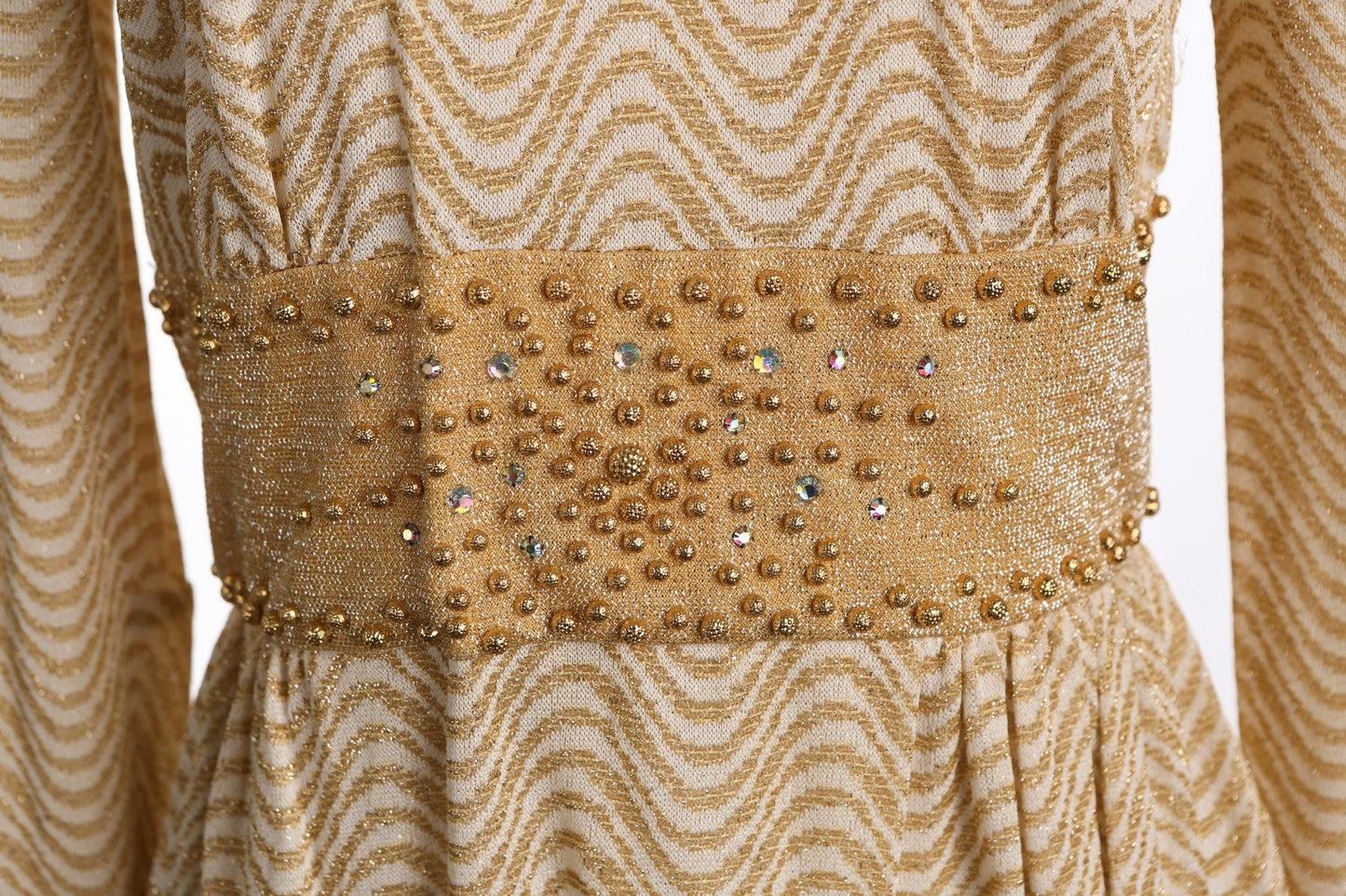 1970s Evening Dress / Golden Polyester Fabric / Long Sleeve / Disco / Studio 54