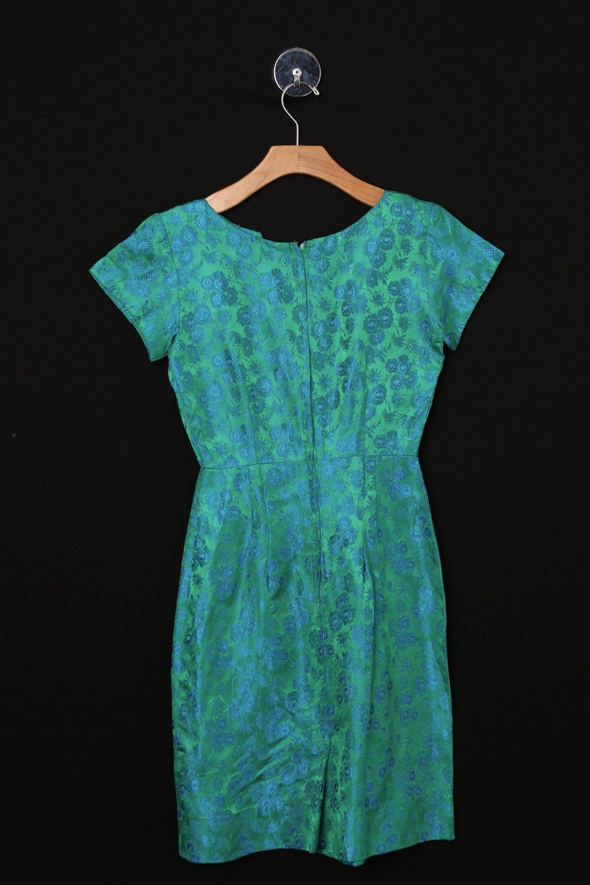 Vintage 1950s Dress / Green Floral Brocade Fabric