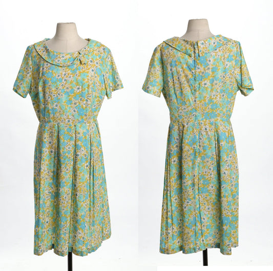 1960s Floral Print Dress / Green / Short Sleeve