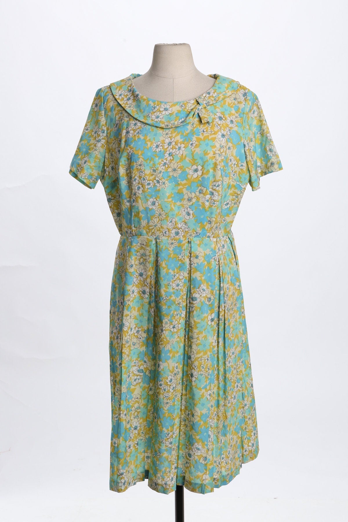 1960s Floral Print Dress / Green / Short Sleeve