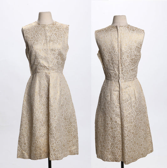 1950s Evening Dress / Sleeveless / Silver Metallic Fabric