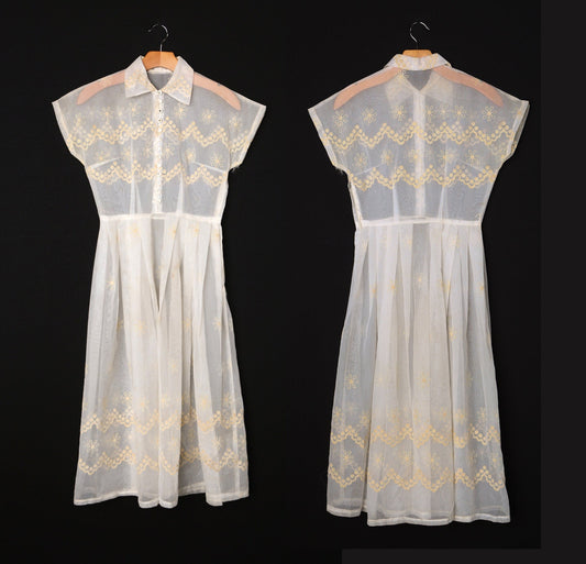 1950's White Sheer Dress / Floral Pattern / Vintage / Short Sleeve