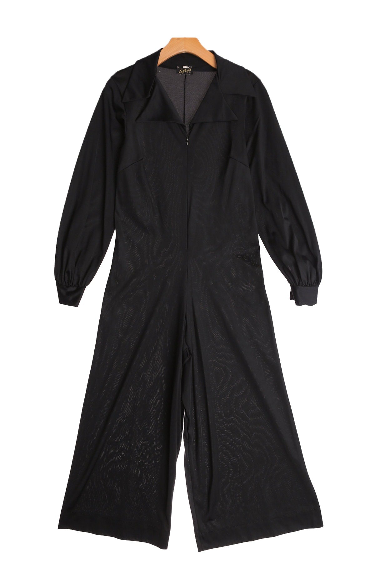 1970s Black Jumpsuit / Bell Bottom / Disco Style / Polyester / Studio 54