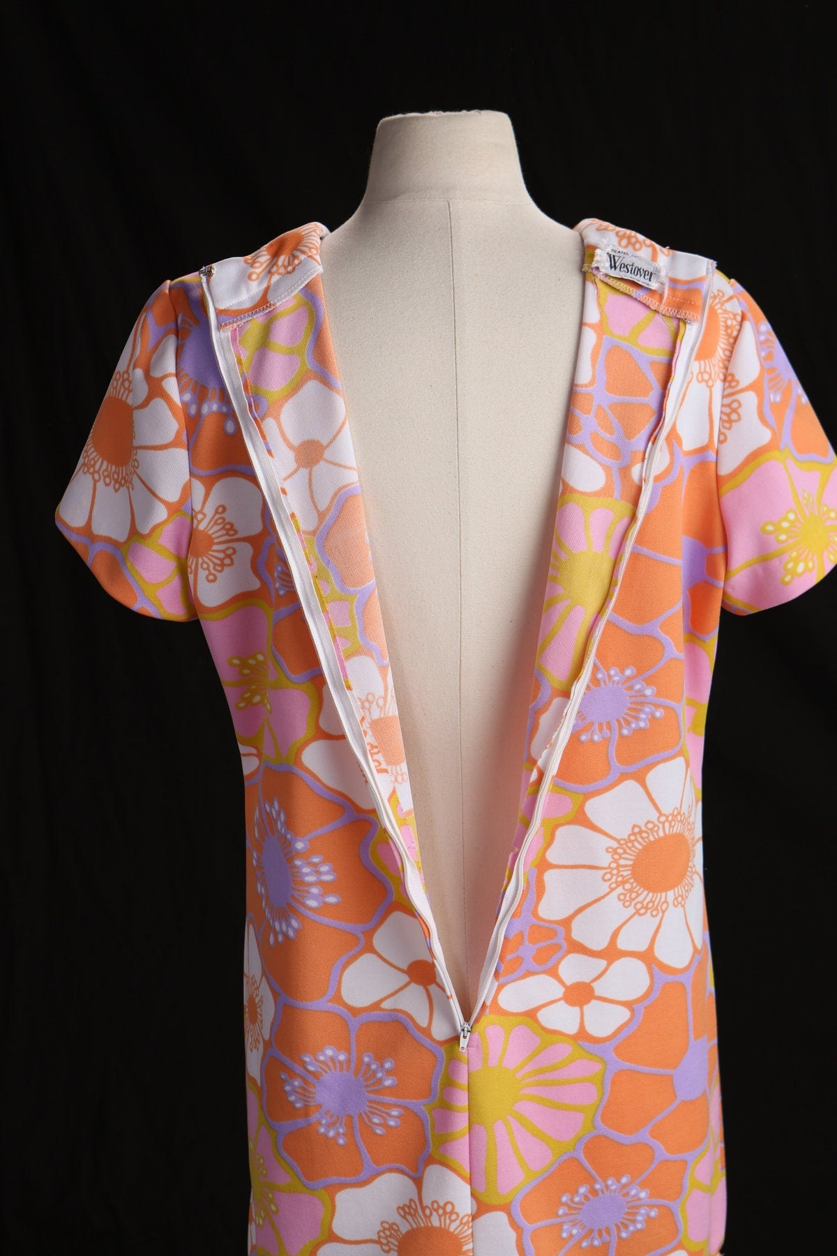 70's Women Floral Print Orange Poly Dress