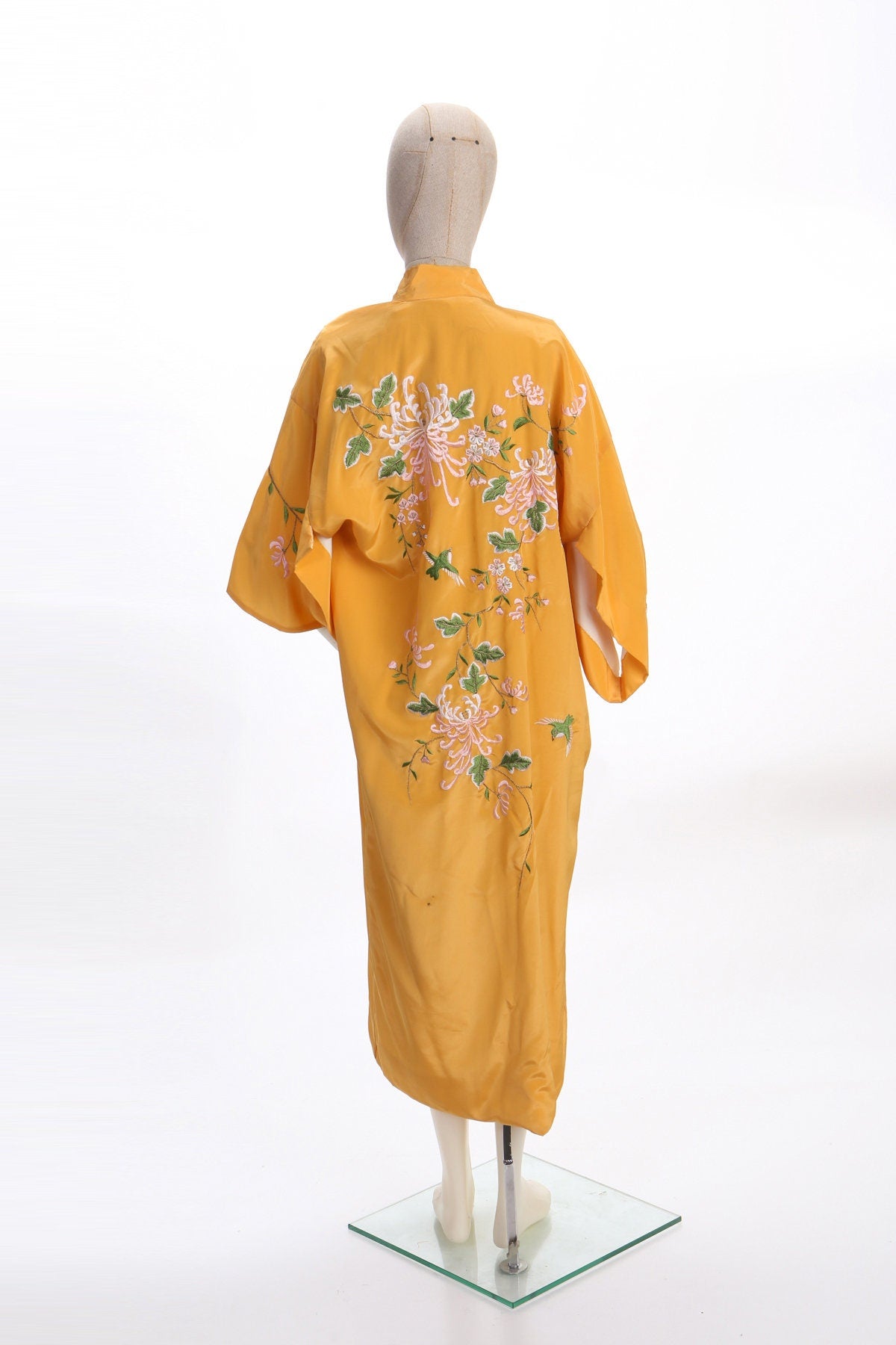 Yellow Floral Embroidery Kimono Robe