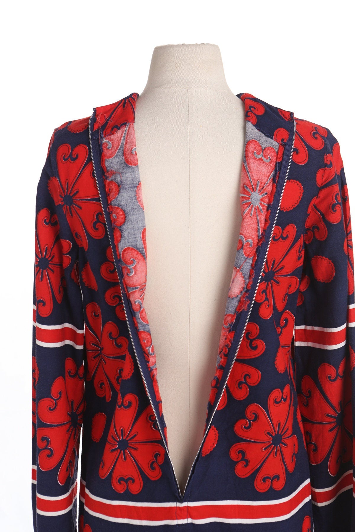 70's Red Flower Print Blue Summer Dress