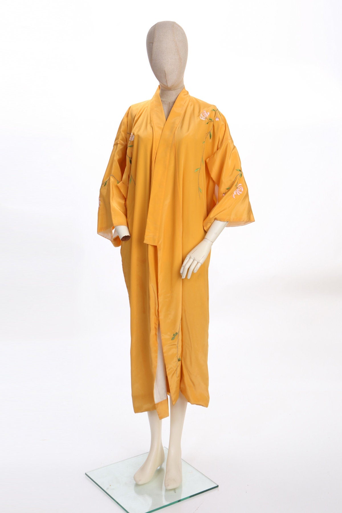 Yellow Floral Embroidery Kimono Robe