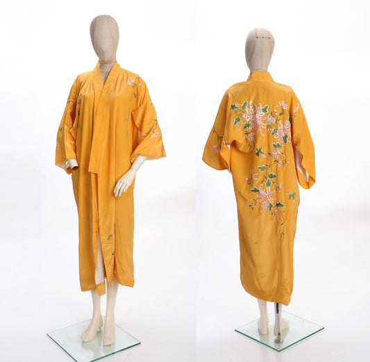 Yellow Floral Embroidery Kimono Robe