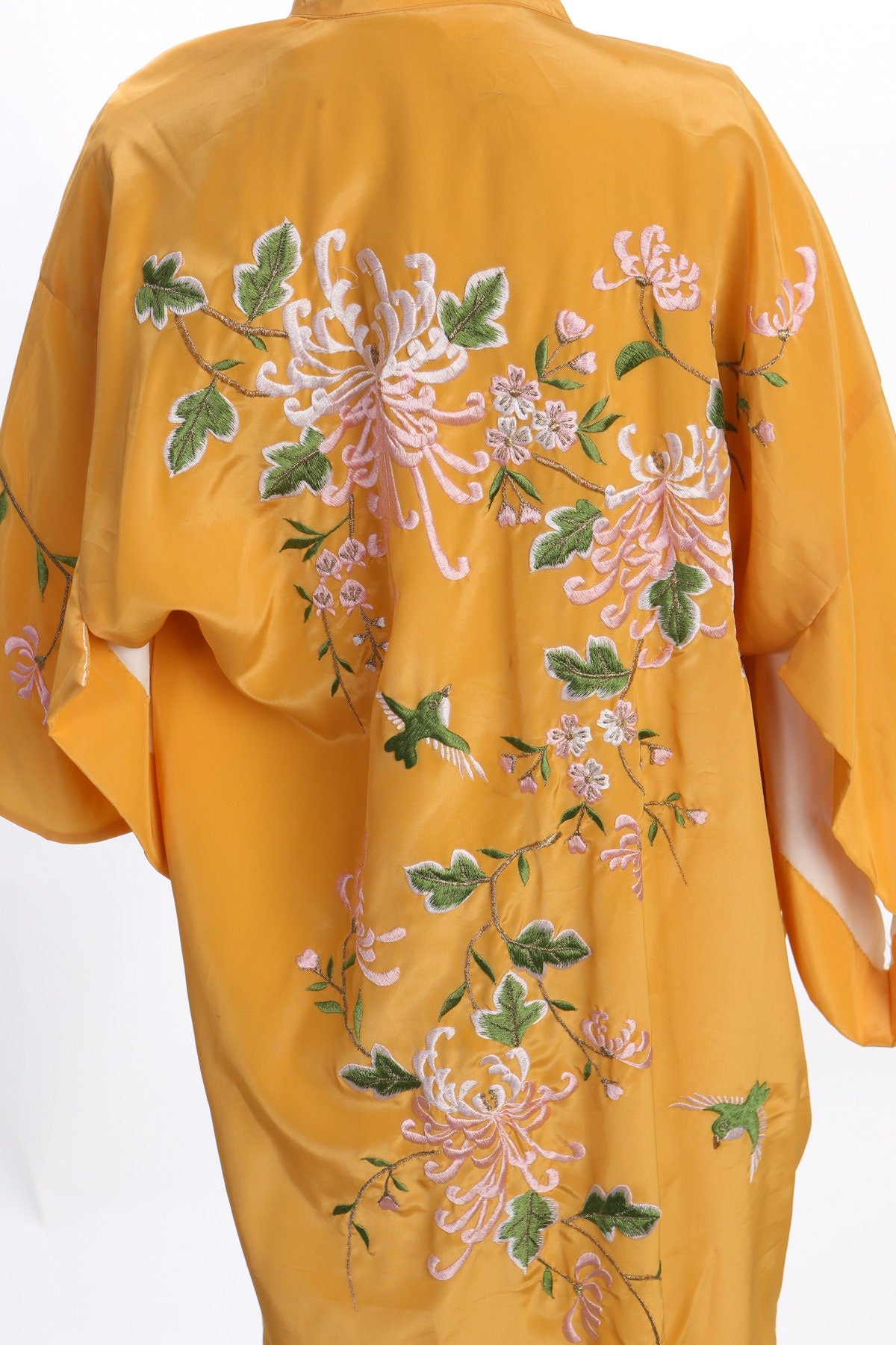 Yellow Floral Embroidery Kimono Robe
