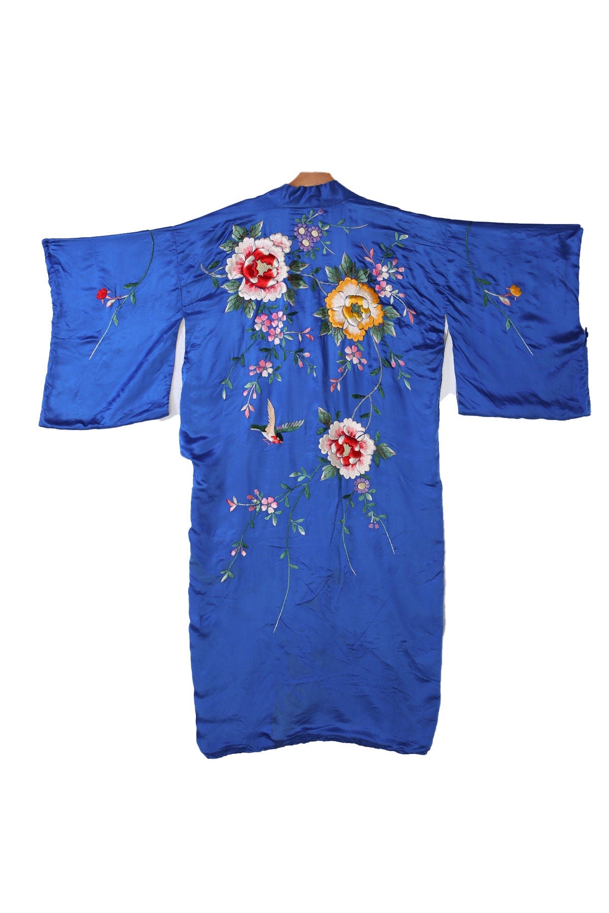 Vintage Blue Kimono Robe - Floral Embroidery