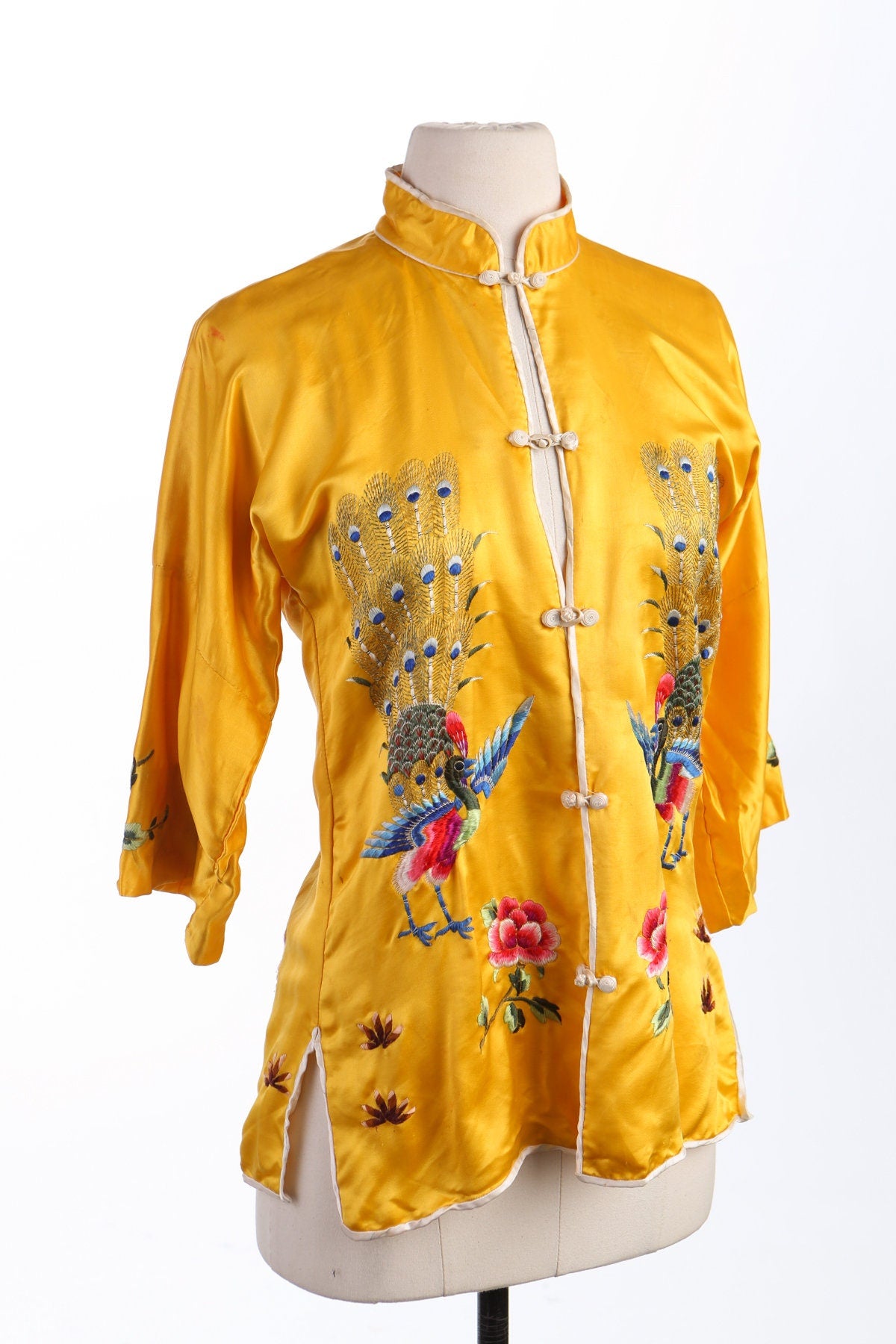 Vintage Yellow Cheogsam Chinese Embroidered Peacock Blouse