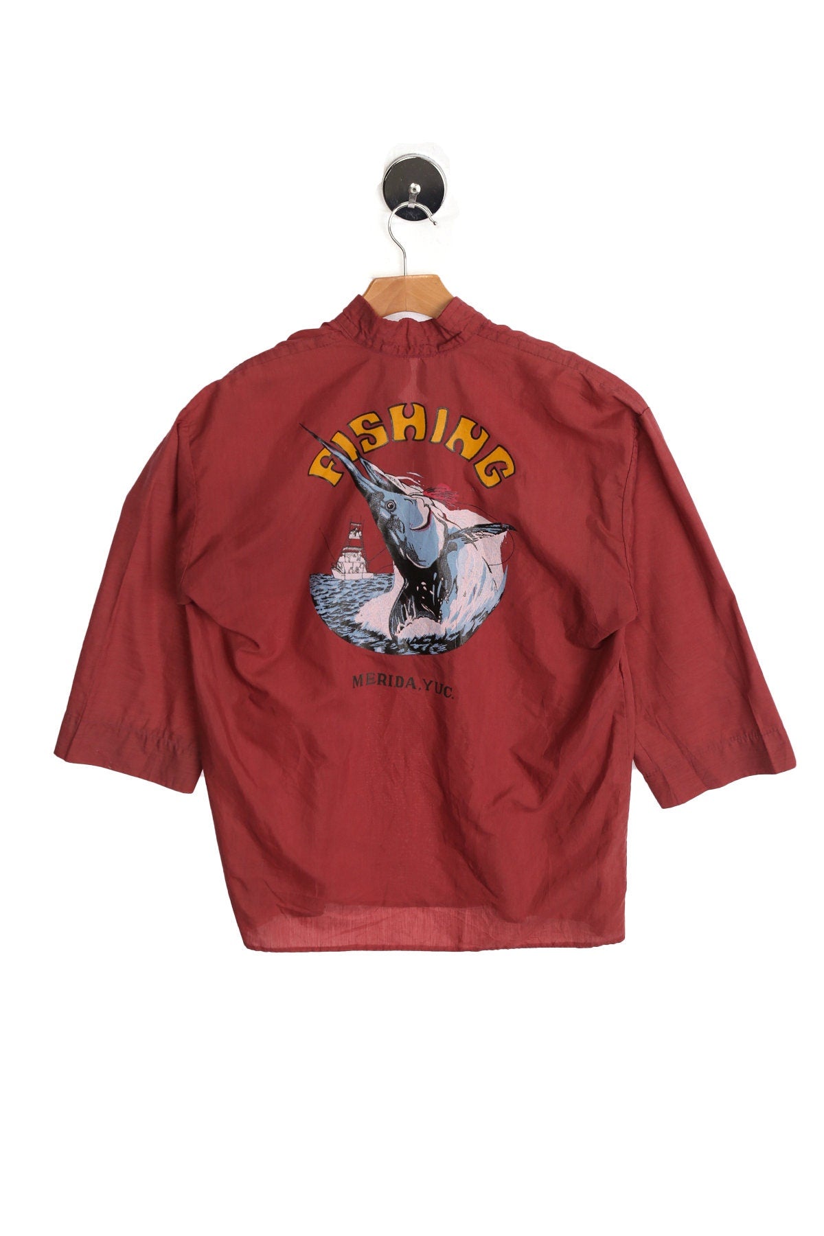 Vintage Men Brown Cotton Shirt With Back Fishing Print