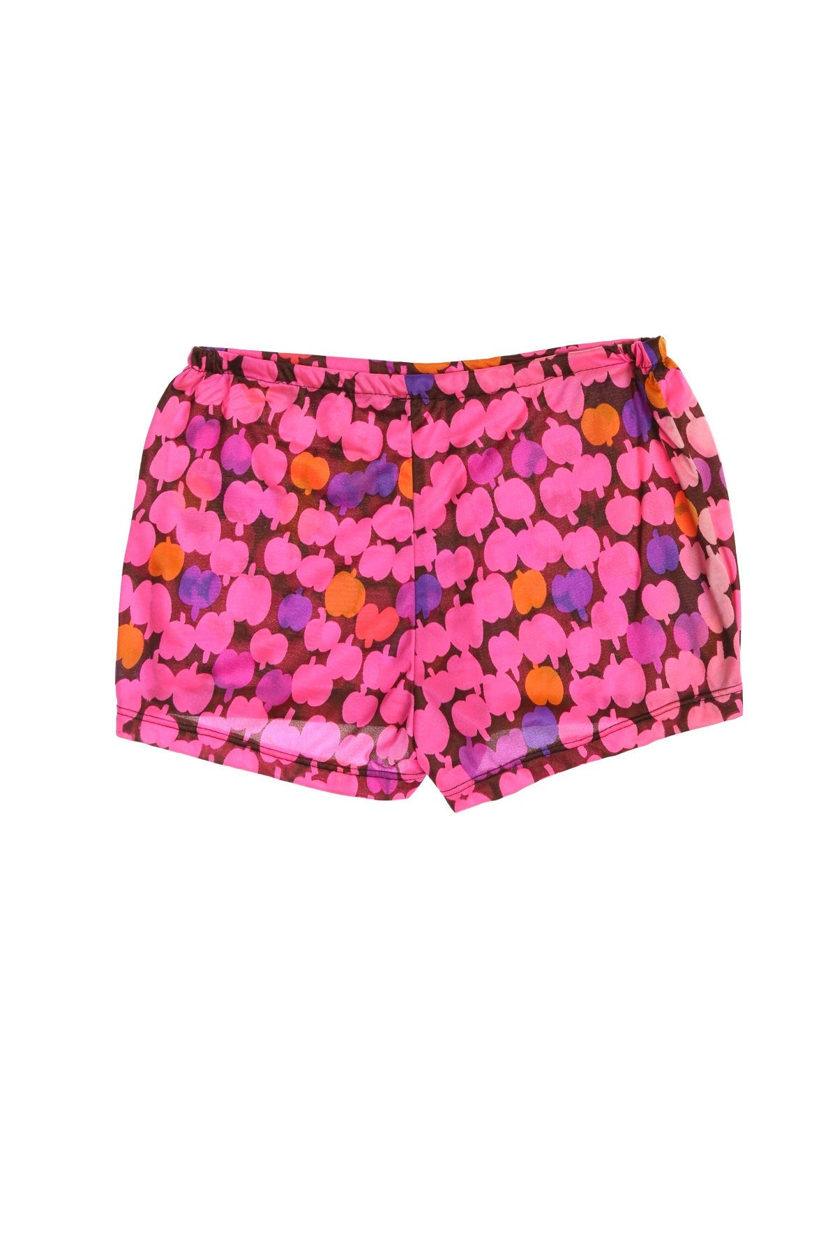 70's Women Pink Poly Short Shorts With Apples Graphics