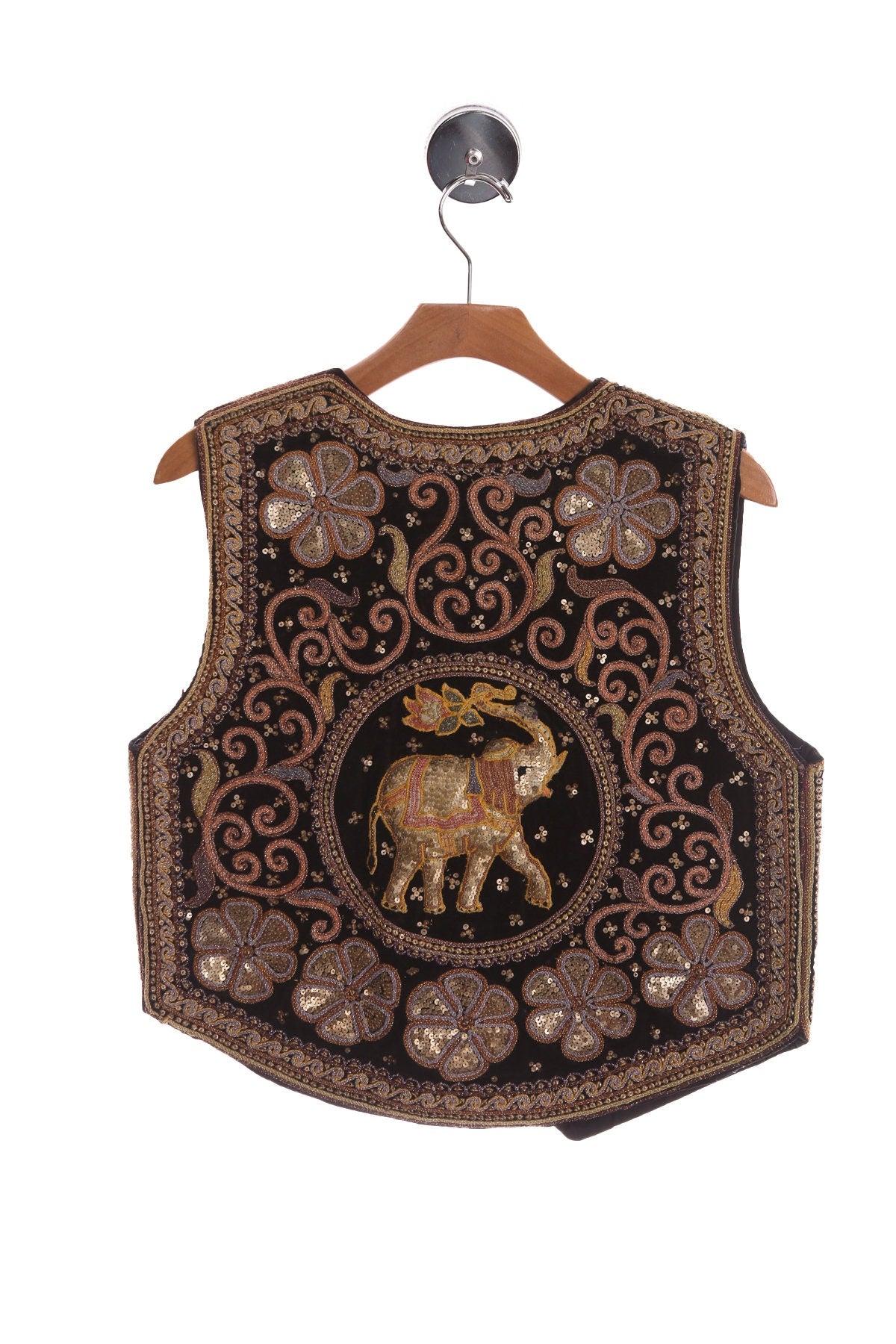 Vintage Sequin Black Velvet Vest - Elephant Embroidery - Sequin Floral Design
