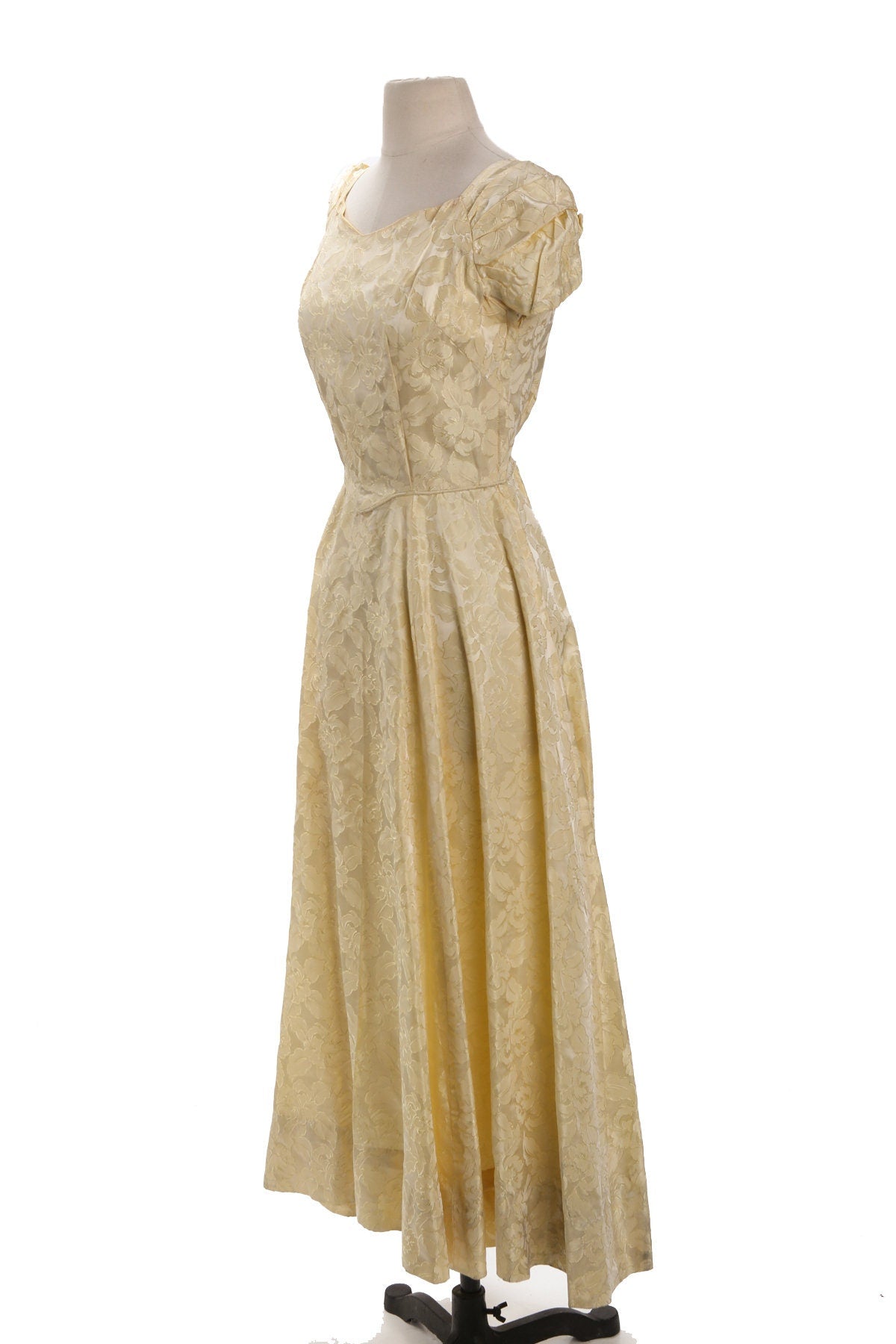 Vintage Yellow Ballgown Dress with Floral Print Brocade Fabric