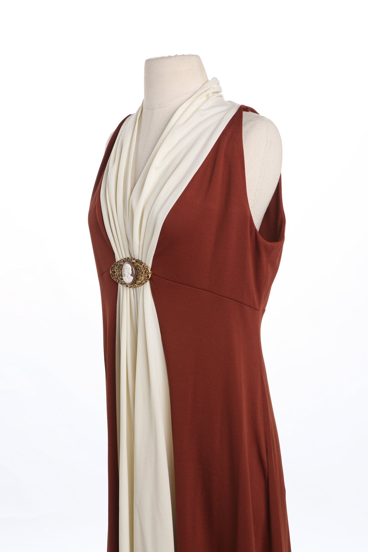 70's Women Long Brown Poly Casual Dress