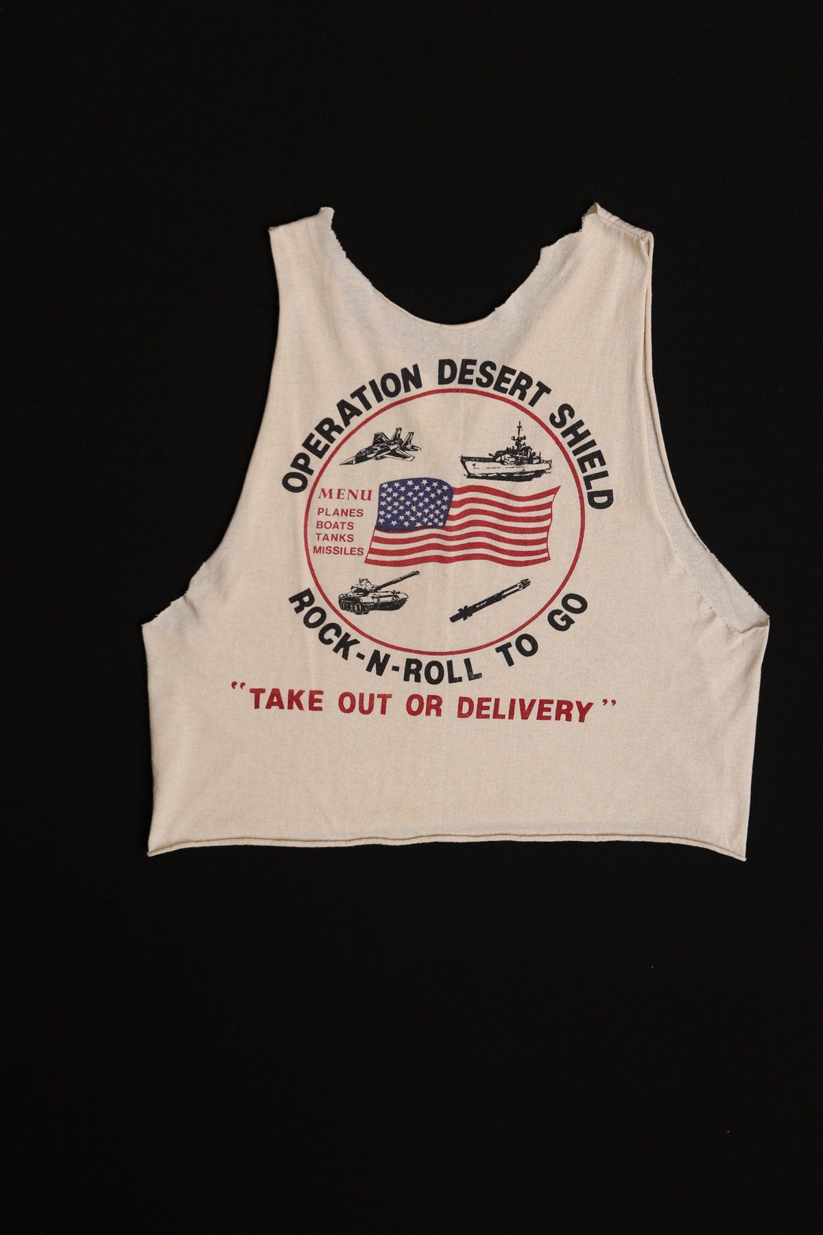 US Armed Forces Summer Tour 1990 Graphic Crop Top - Operation Desert Storm Rock-N-Roll to Go - "Take out or Delivery"