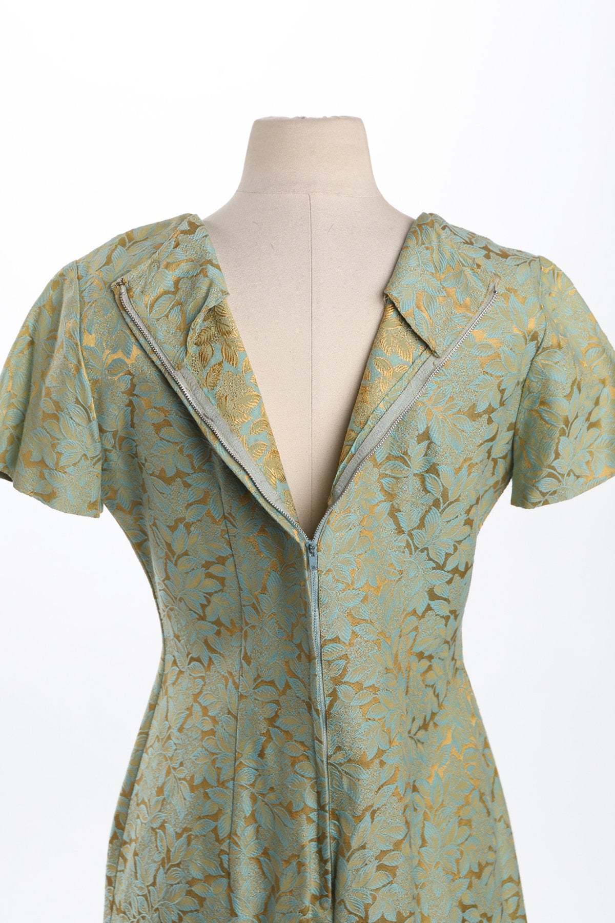 Vintage Women Evening Dress - Golden and Green Brocade Fabric - Era 50's - 60's