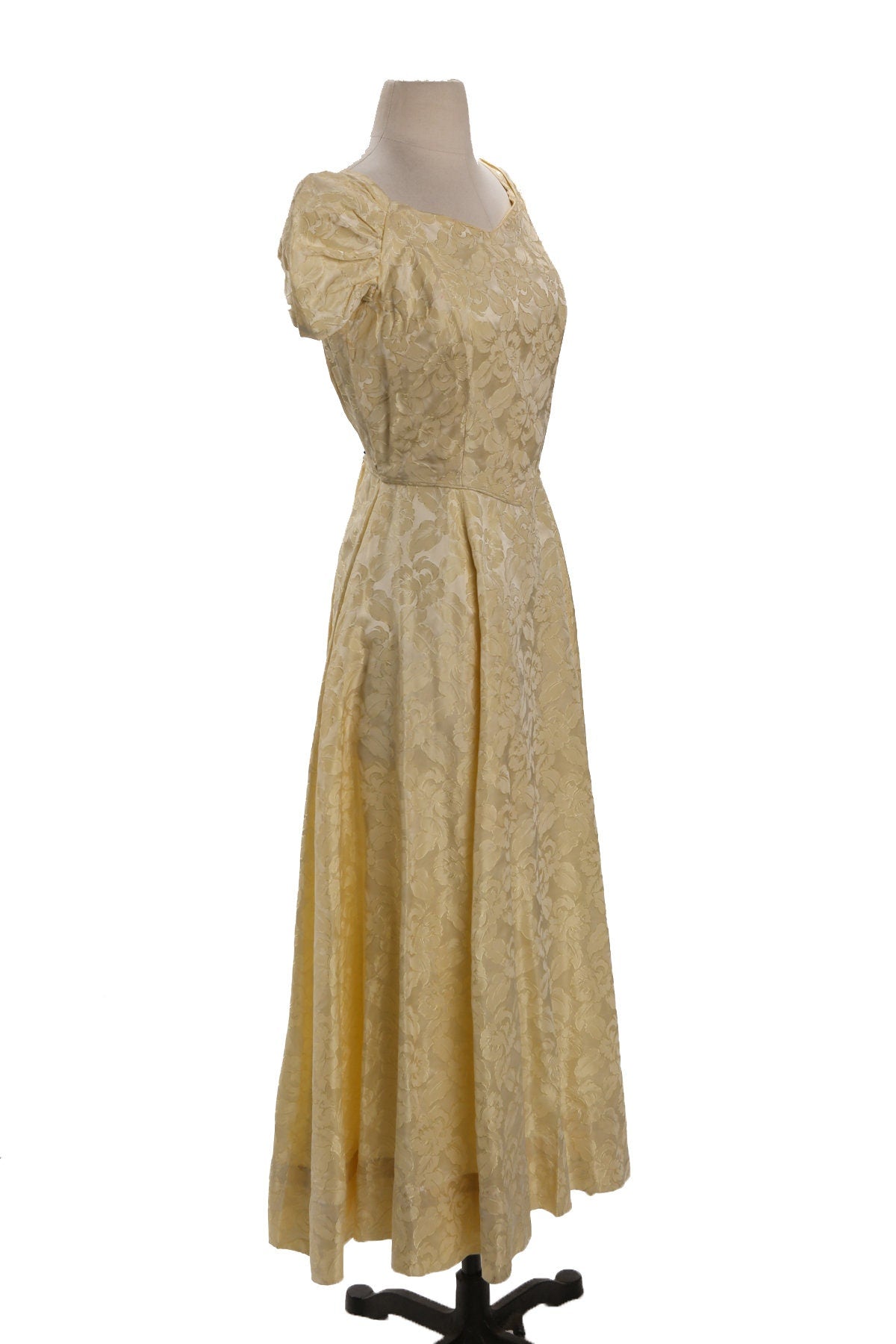Vintage Yellow Ballgown Dress with Floral Print Brocade Fabric