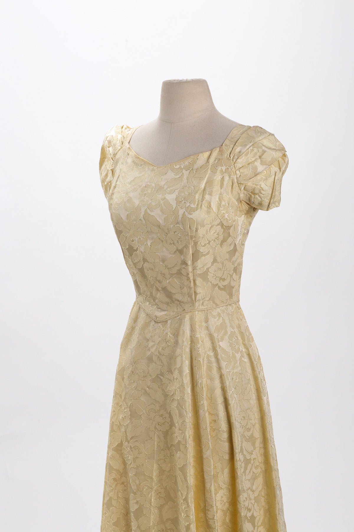 Vintage Yellow Ballgown Dress with Floral Print Brocade Fabric
